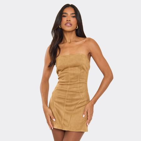 Bandeau Seam Detail Mini Dress In Tan Faux Suede, Women's Size US