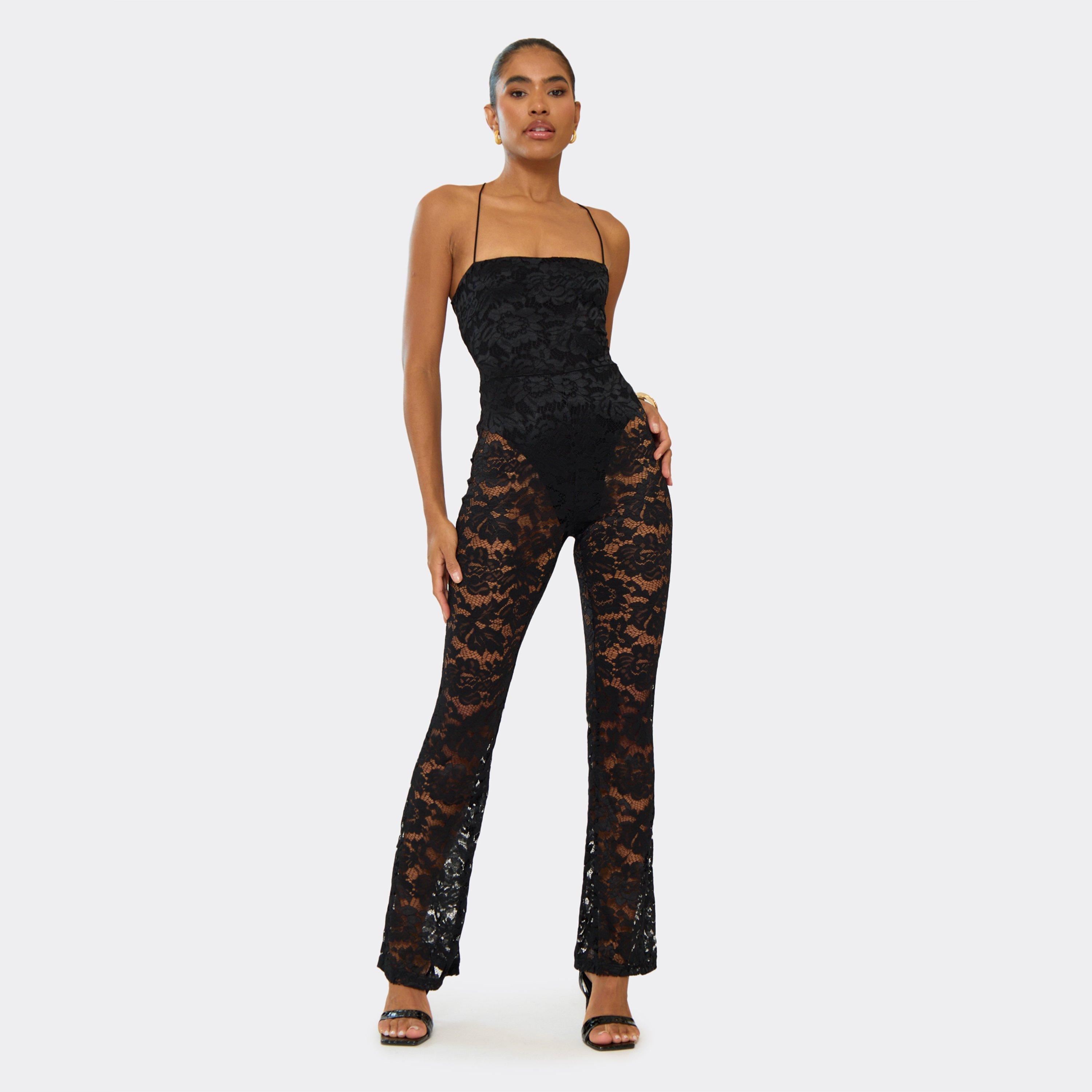 Square Neck Lace Up Back Detail Straight Leg Jumpsuit In Black Lace, Women’s