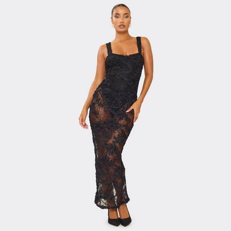 Square Neck Bodysuit Maxi Dress In Black Floral Lace, Women's Size US