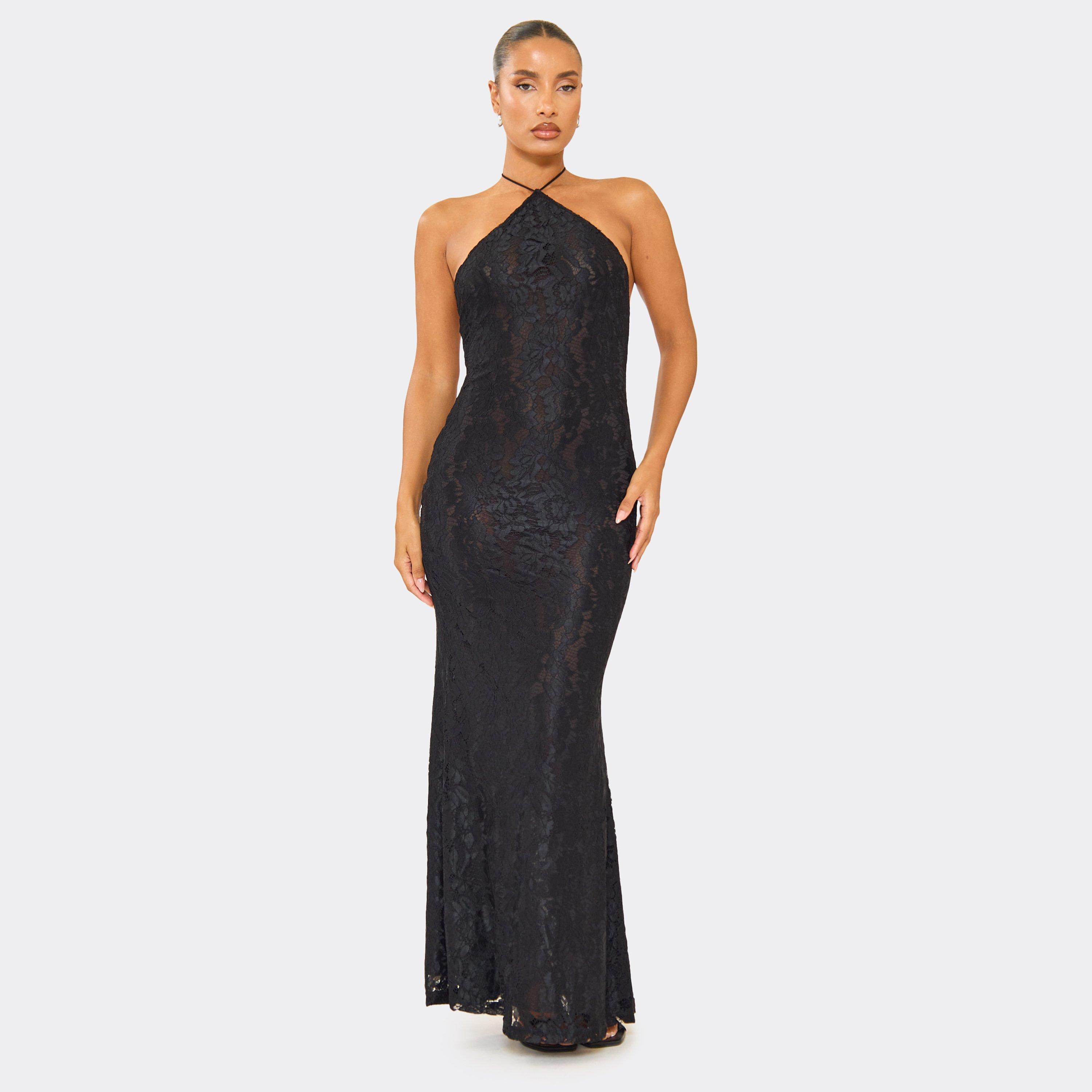 Halterneck Fishtail Maxi Dress In Black Lace, Women’s