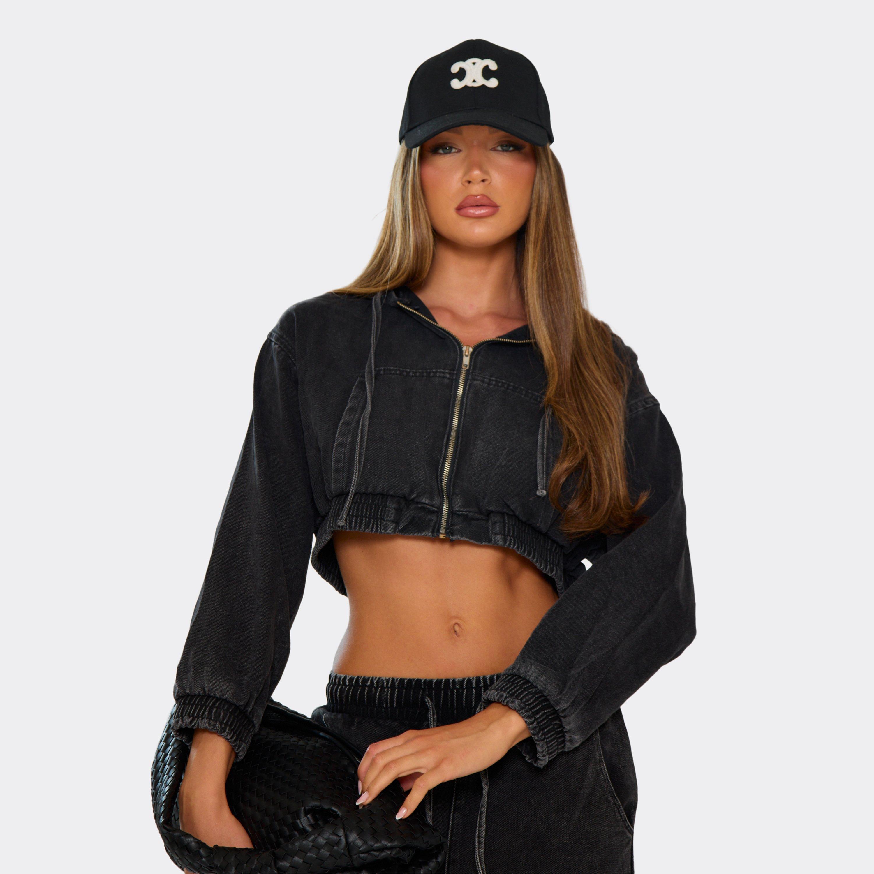 Long Sleeve Zip Down Cropped Hoodie In Washed Black Denim, Women's Size UK M