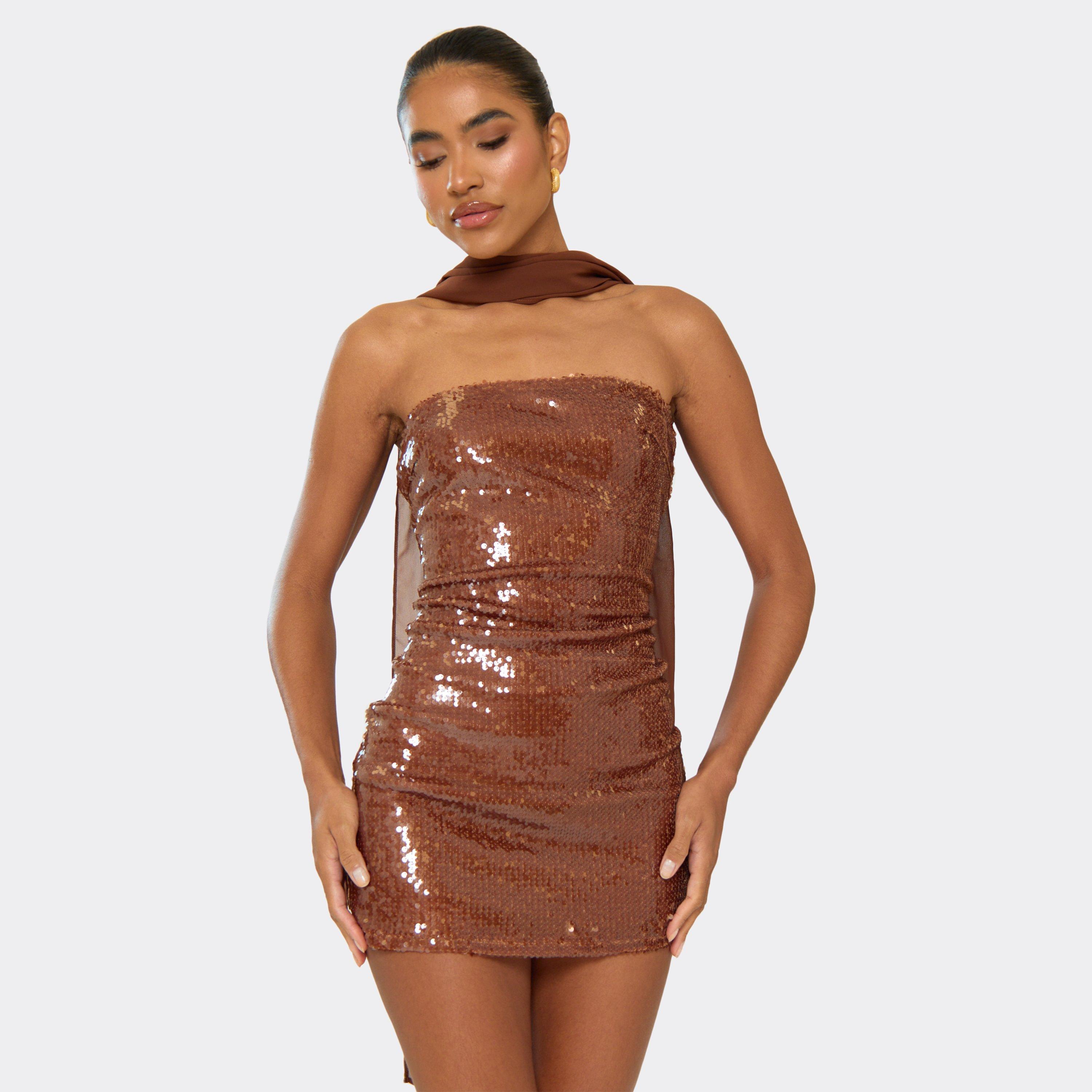 Bandeau Neck Scarf Detail Mini Dress In Chocolate Brown Sequin, Women’s