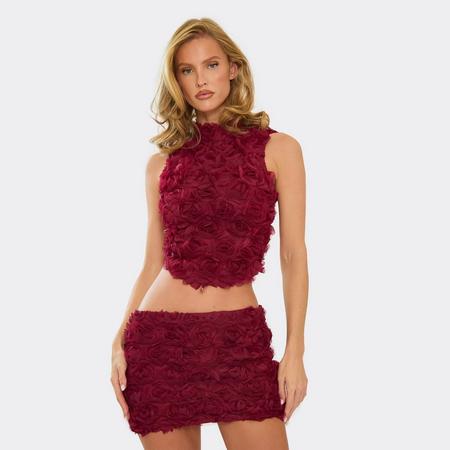 High Neck Tie Back Detail Sleeveless Top In Burgundy Floral Applique, Women's Size US