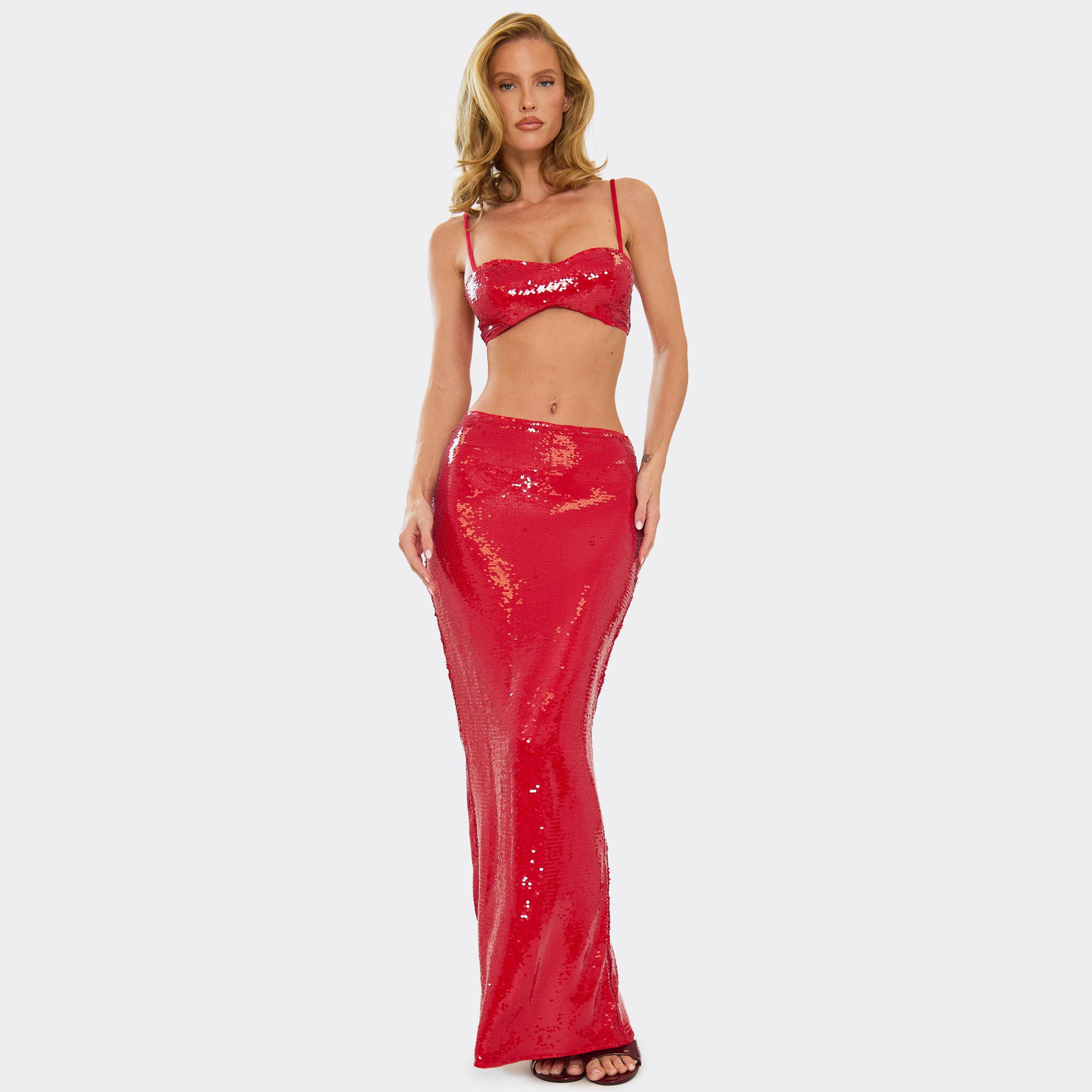 Maxi Skirt In Red Sequin, Women's Size UK 10