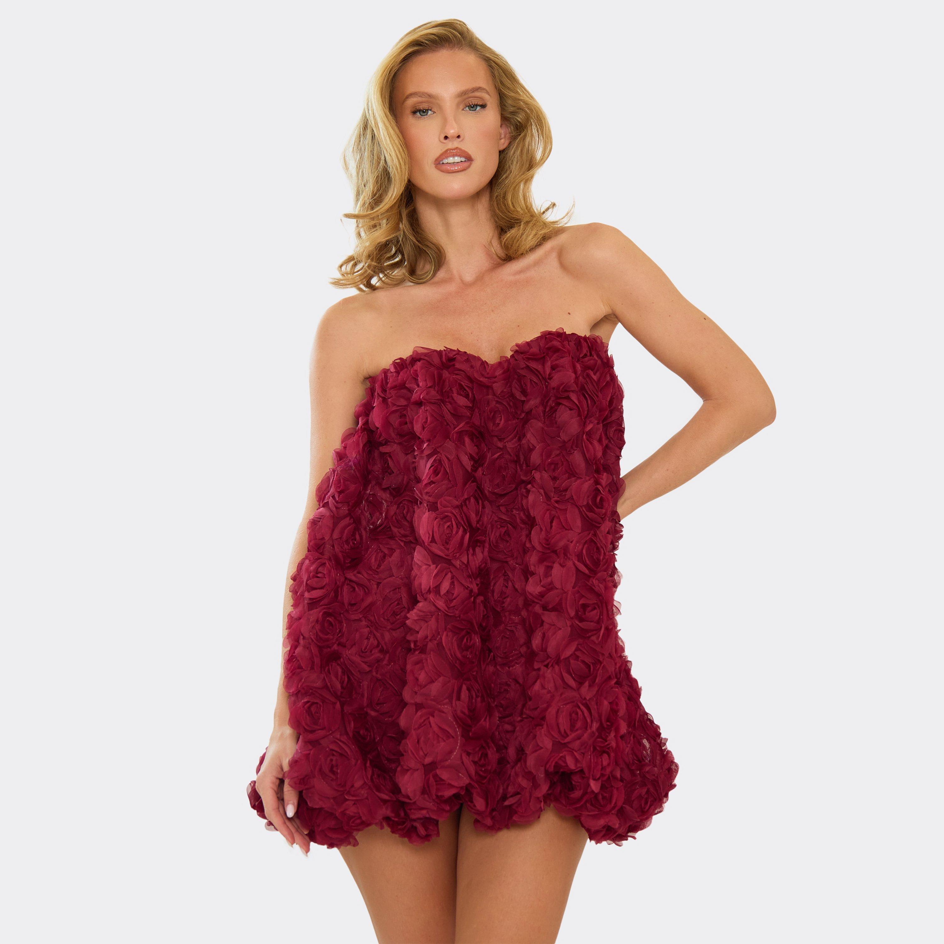 Sweetheart Neckline Puffball Mini Dress In Burgundy Floral Applique, Women’s