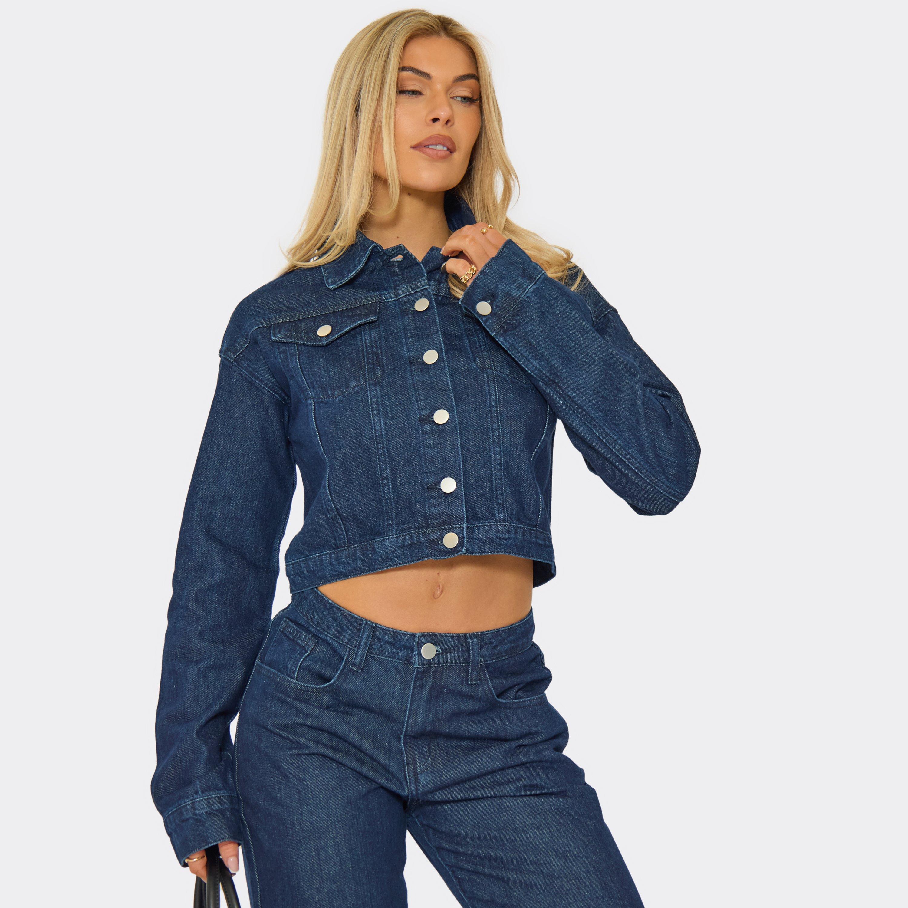 Button Down Seam Detail Cropped Denim Jacket In Indigo Blue Denim, Women’s