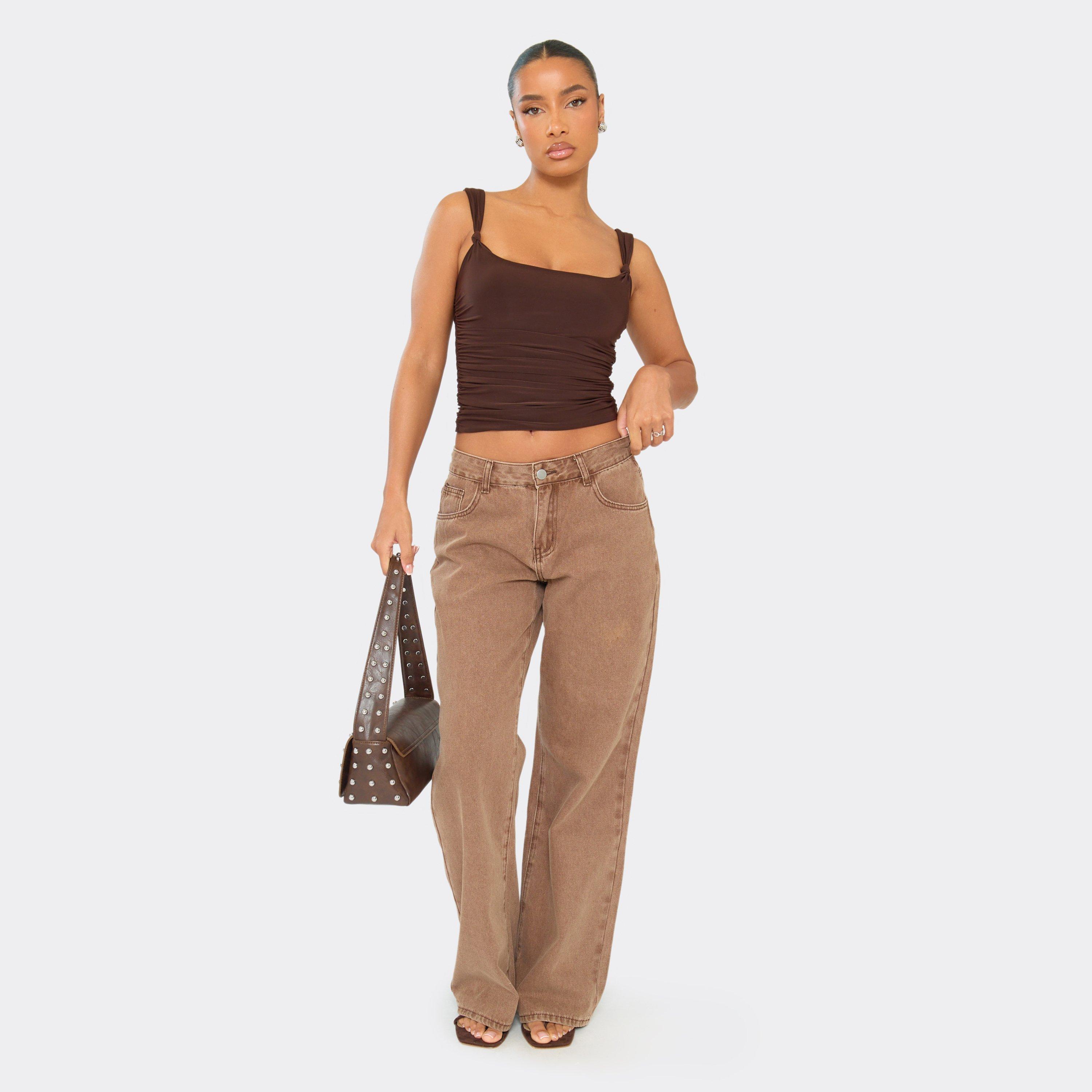 Image of Low Rise Wide Leg Jeans In Washed Light Brown Denim, Women's