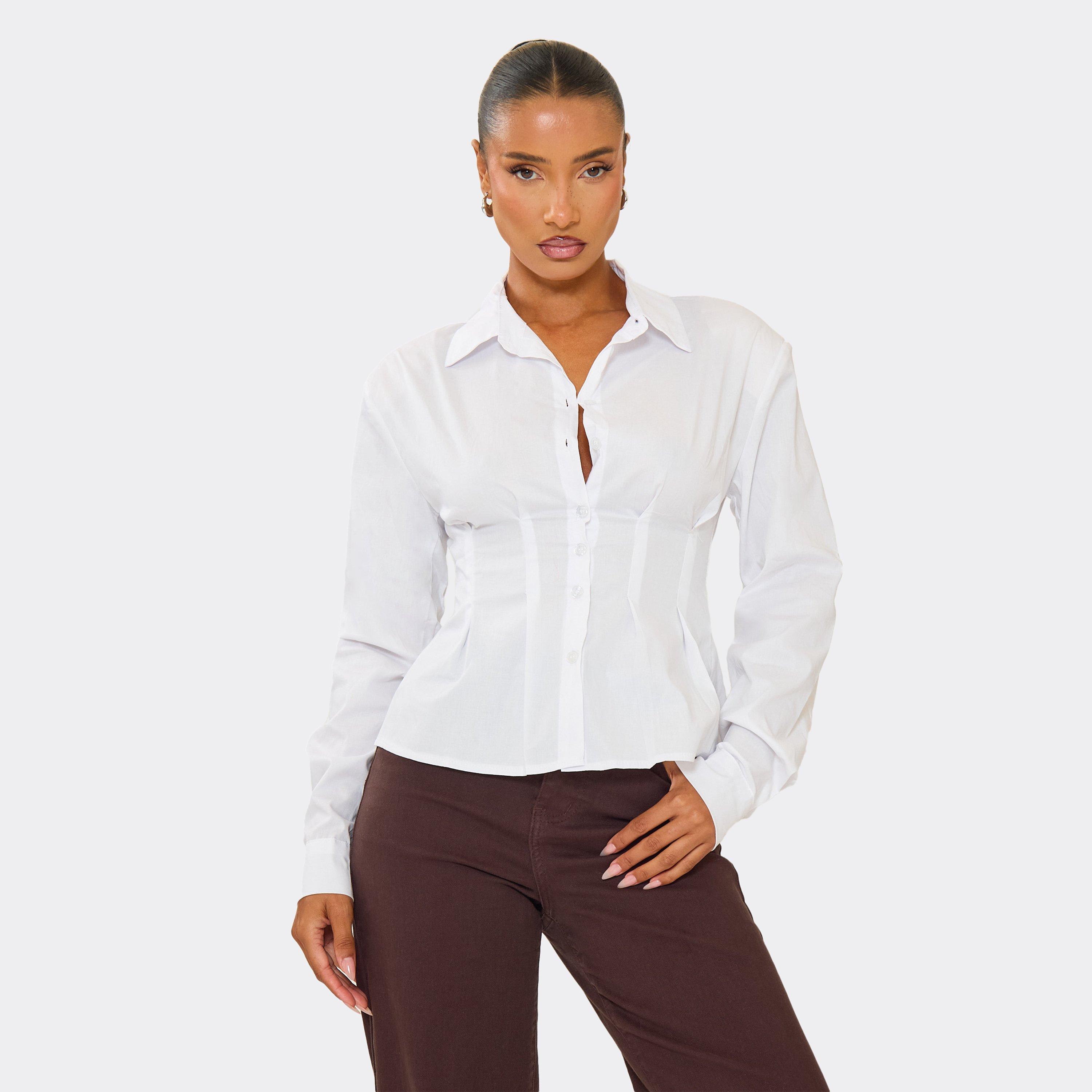 Image of Long Sleeve Shoulder Pad Cinched Waist Detail Shirt In White, Women's