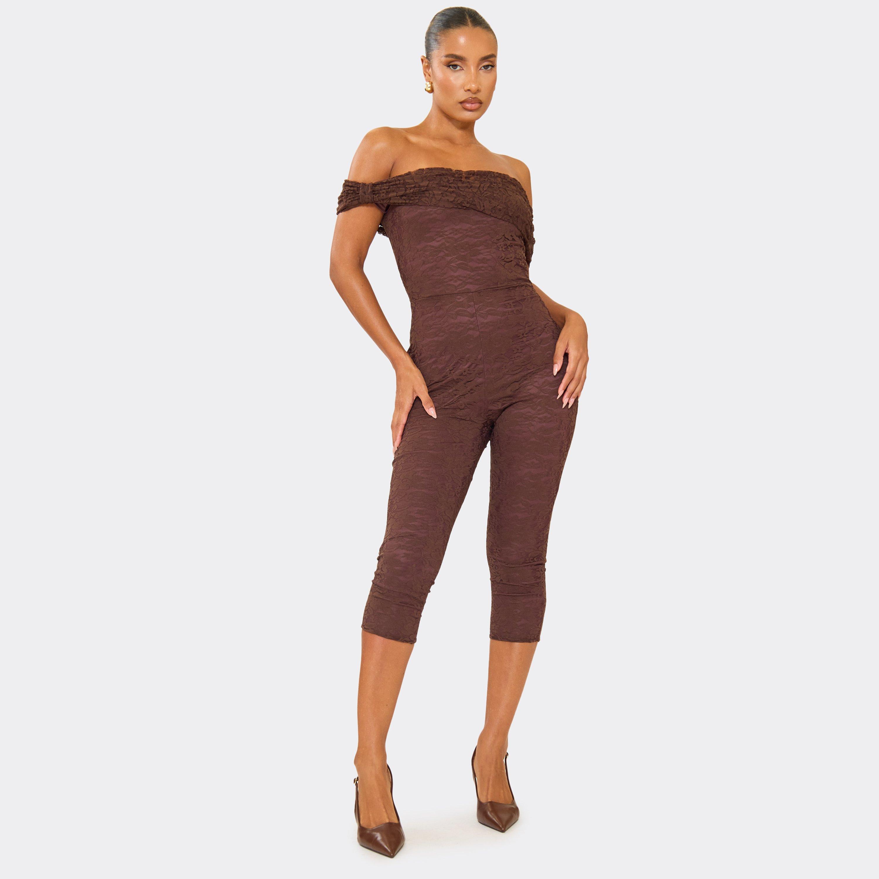 Bardot Fold Over Detail Capri Jumpsuit In Chocolate Brown, Women's Size UK 8