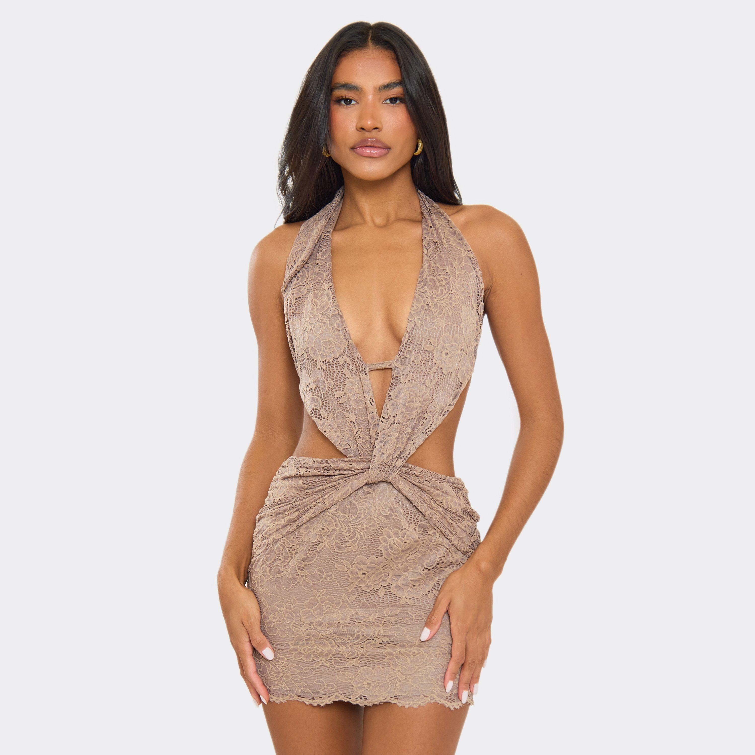 Halterneck Cut Out Detail Open Back Mini Dress In Mocha Lace, Women’s