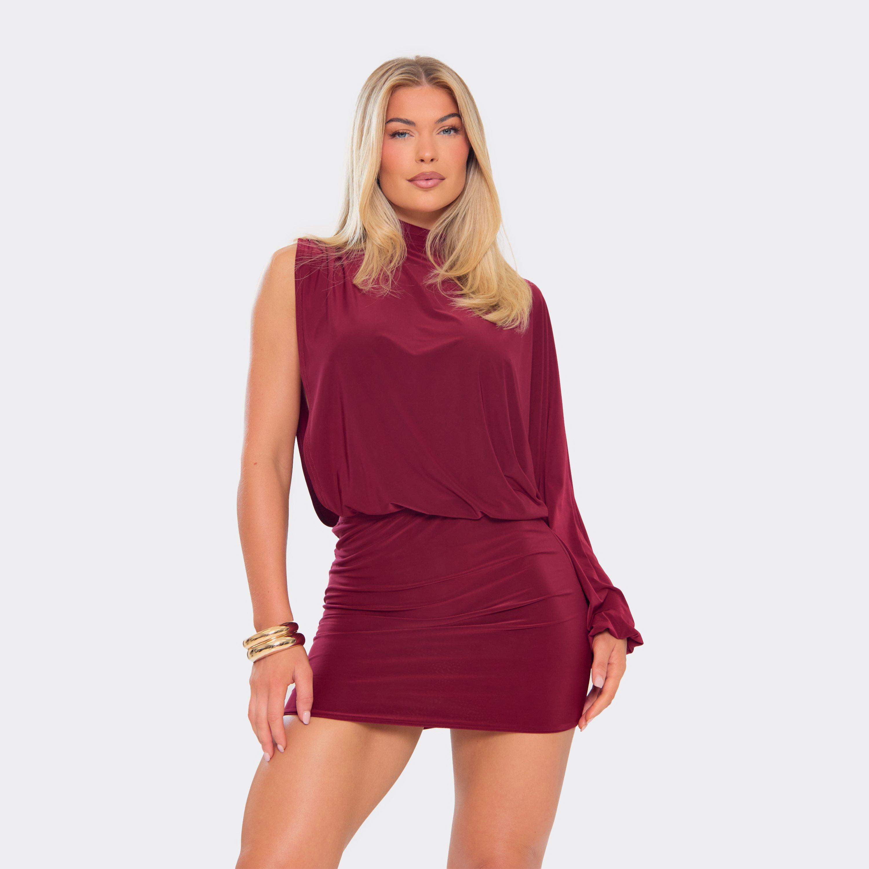 High Neck One Sleeve Drape Detail Mini Dress In Burgundy, Women's Size UK 10