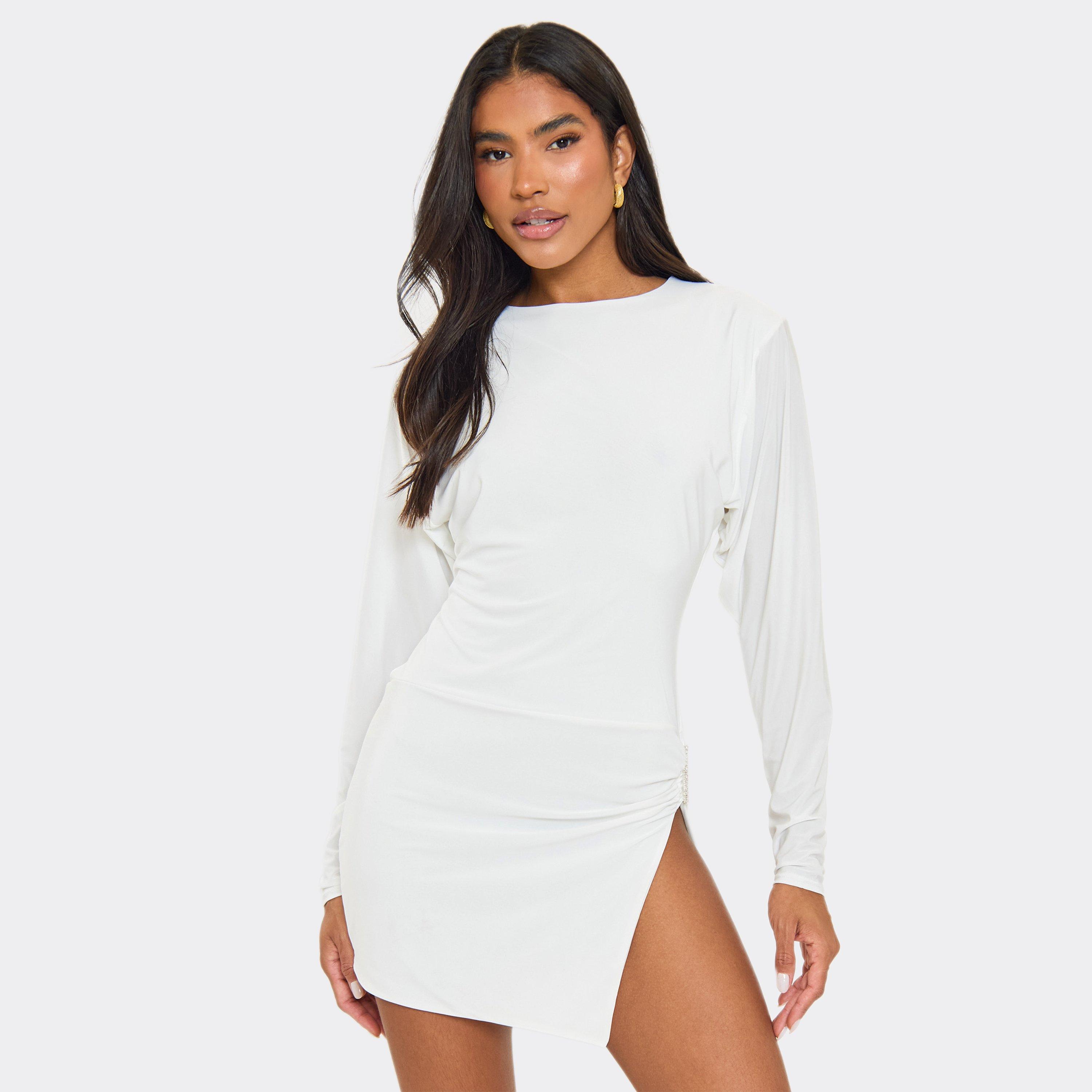 Long Batwing Sleeve Side Split Mini Dress In White, Women's Size UK 6