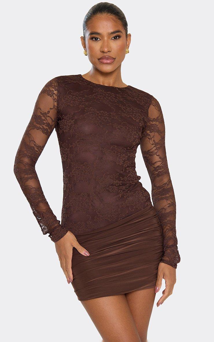 Long Sleeve Contrast Lace Mini Dress In Chocolate Brown | EGO US | EGO