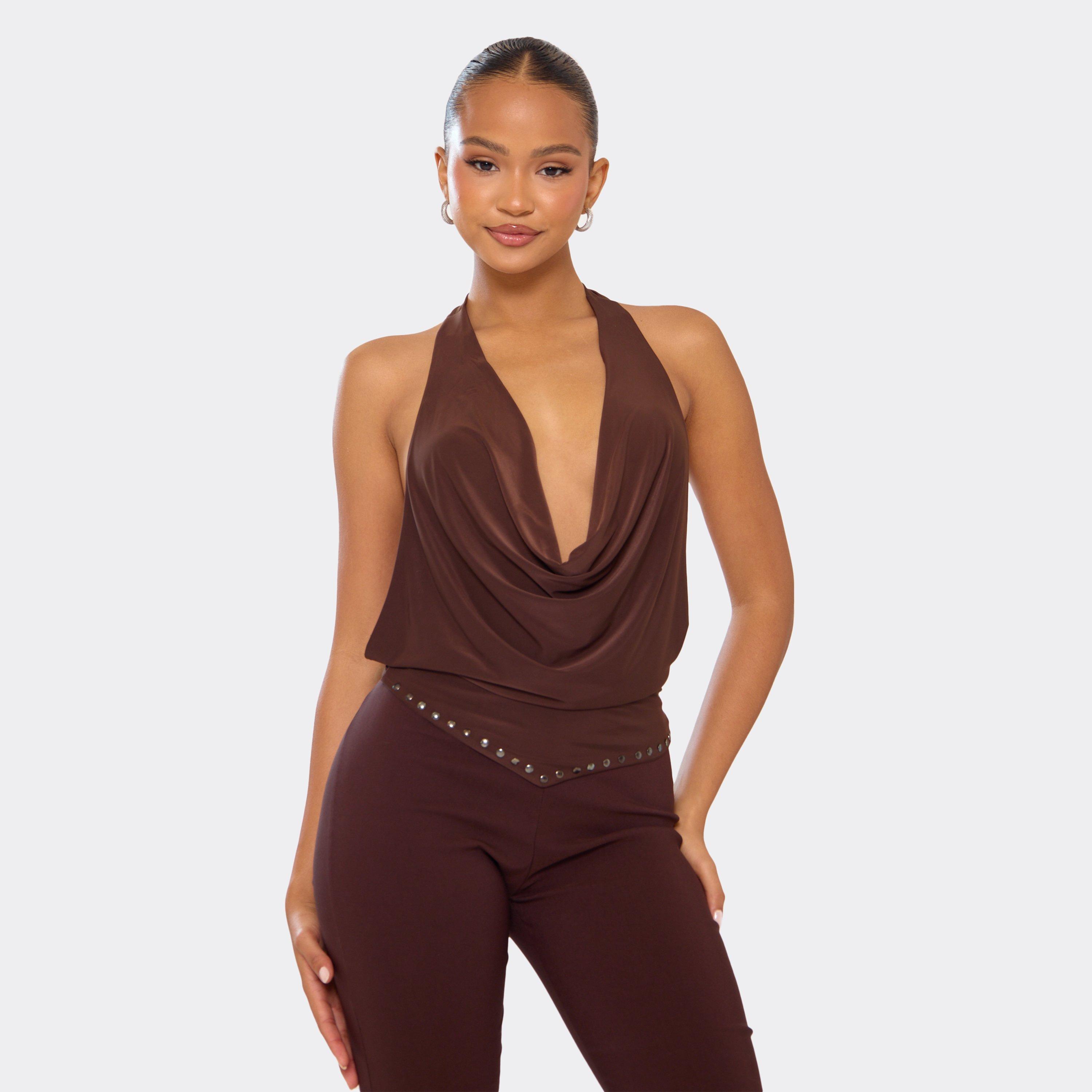 Cowl Halterneck Open Back Studded Detail Top In Chocolate Brown, Women's Size UK 14