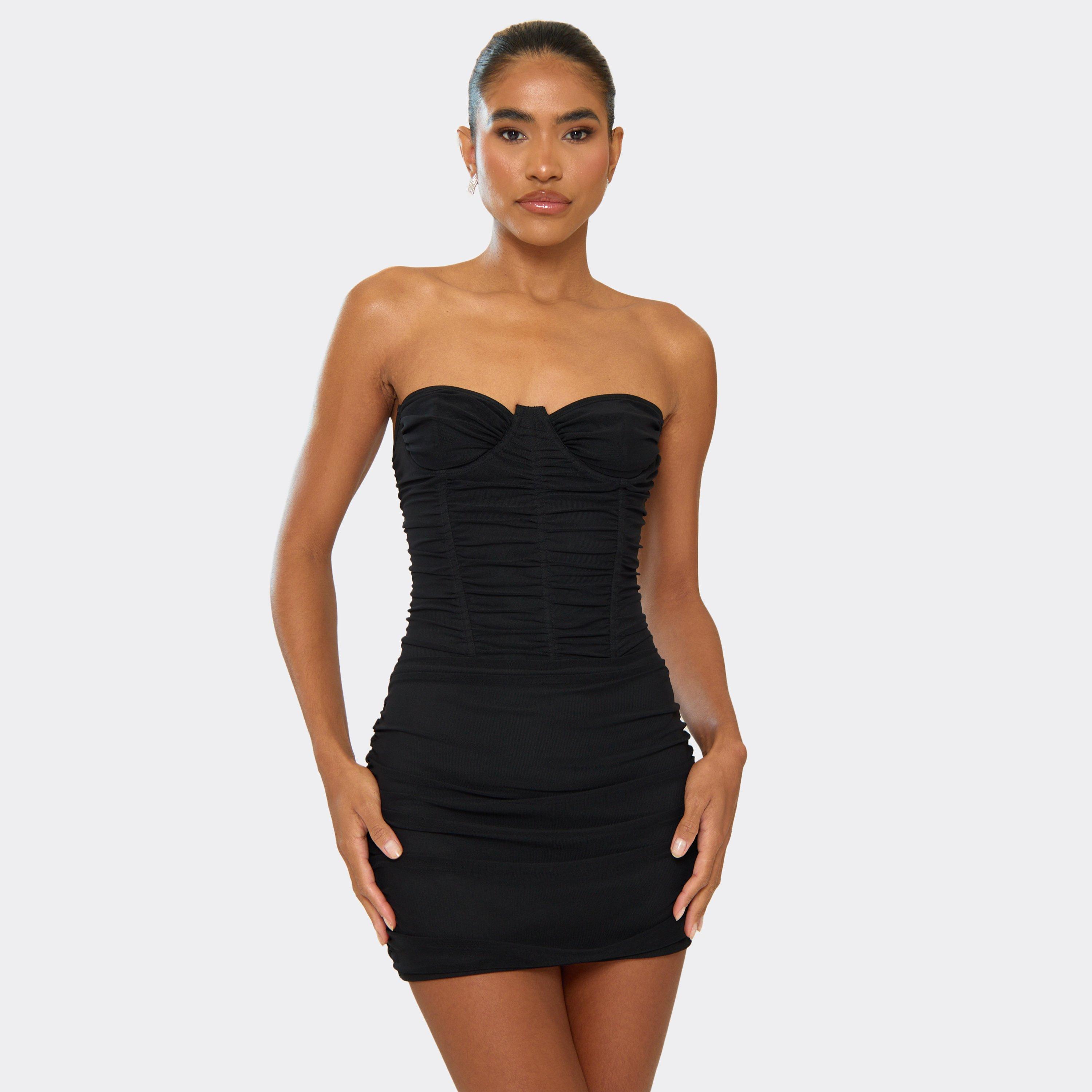 Bandeau Underwired Ruched Detail Mini Dress In Black, Women’s
