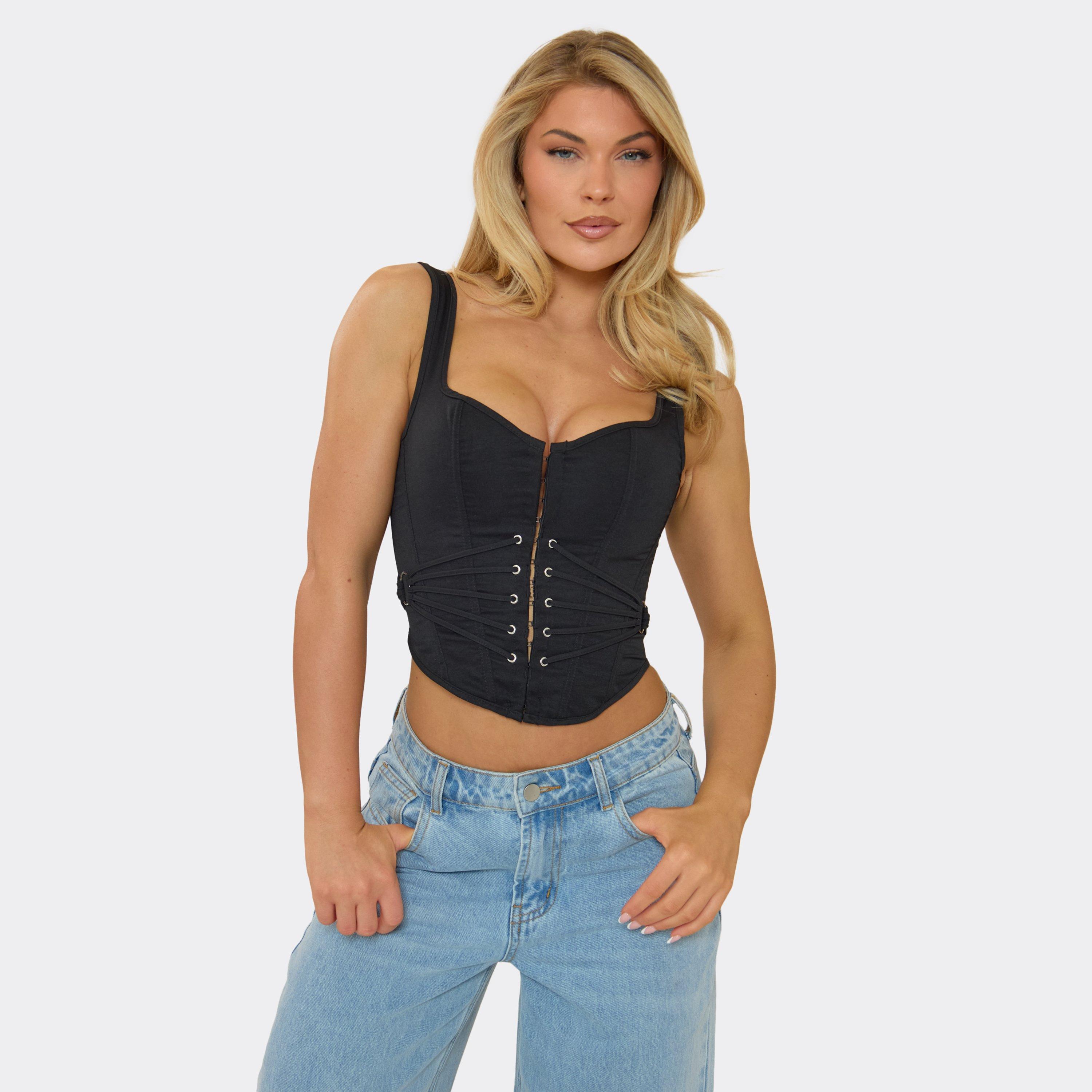 Sweetheart Neck Hook And Eye Lace Side Detail Corset Top In Black, Women’s