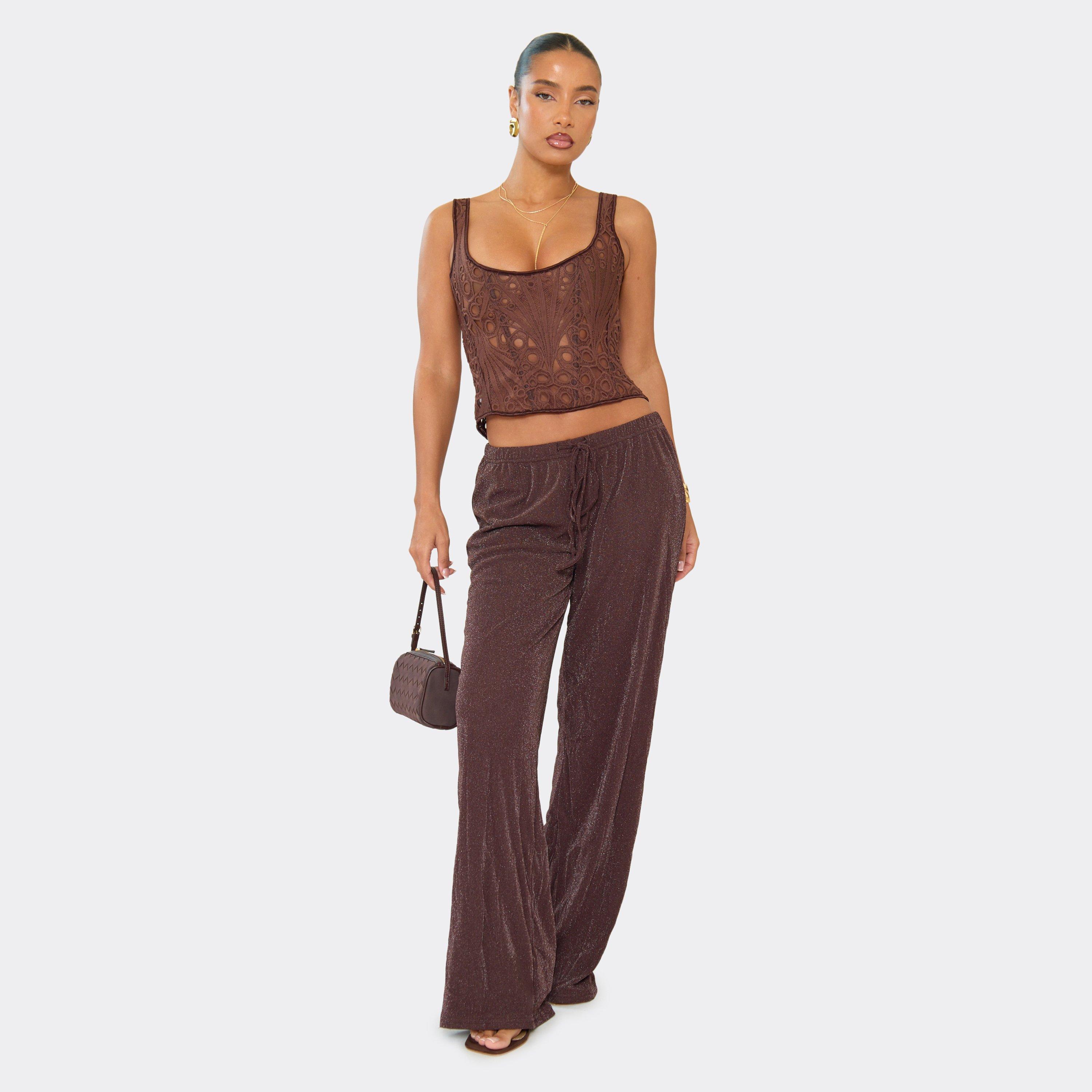 Mid Rise Wide Leg Trousers In Brown Glitter Mesh, Women's Size UK S