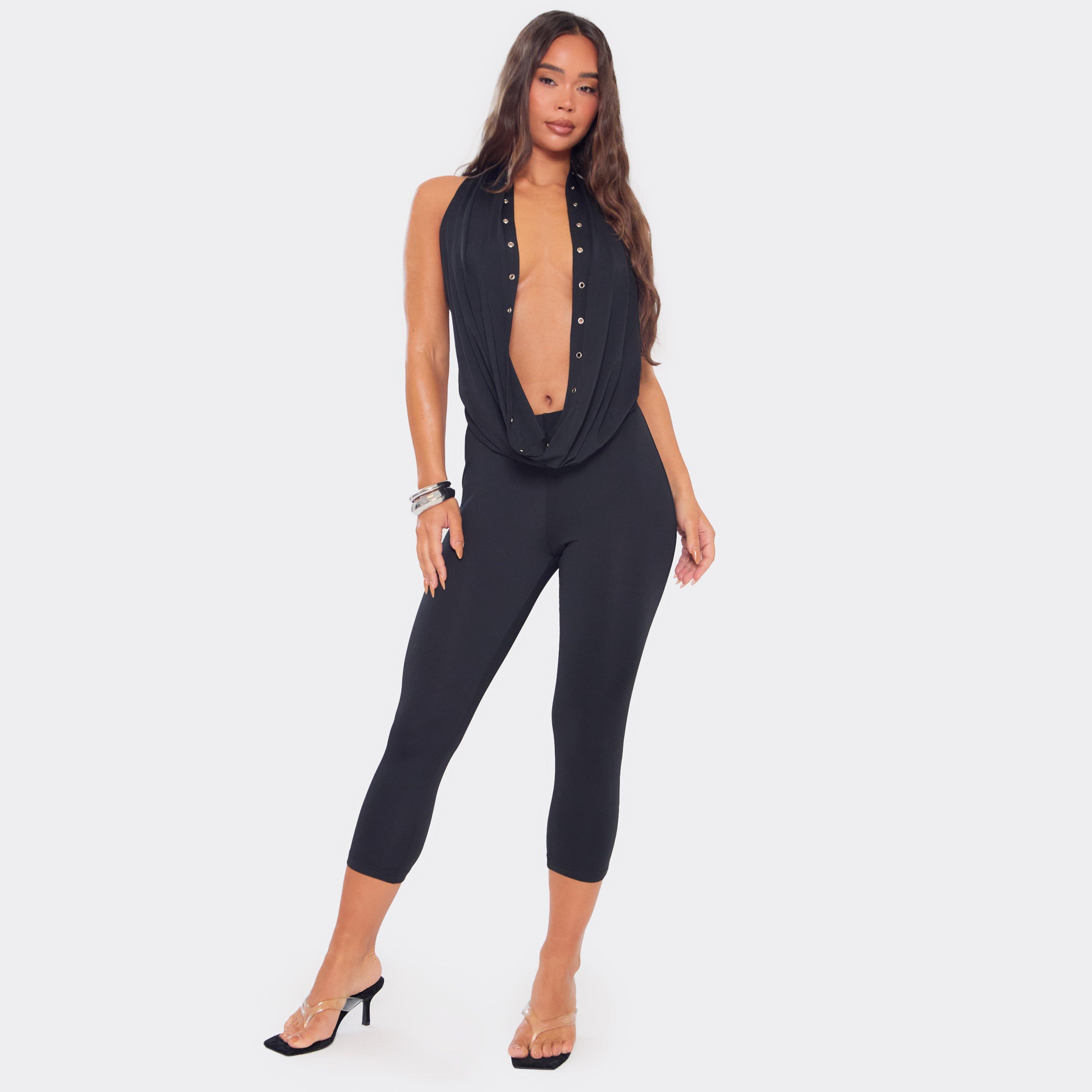 Extreme Cowl Halterneck Eyelet Detail Top And Capri Legging Co-Ord Set In Black, Women’s