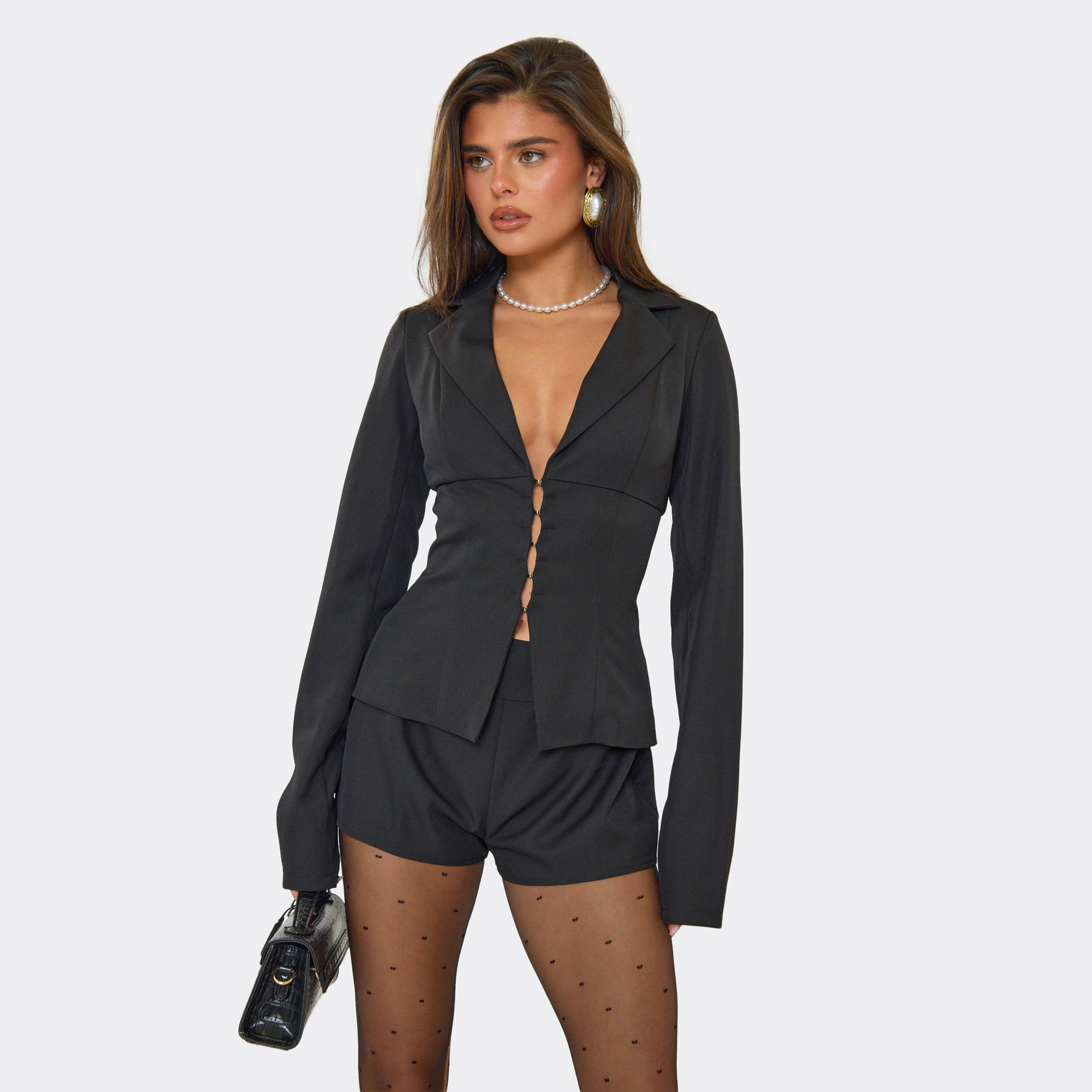 Image of Plunge Front Corset Detail Playsuit In Black, Women's