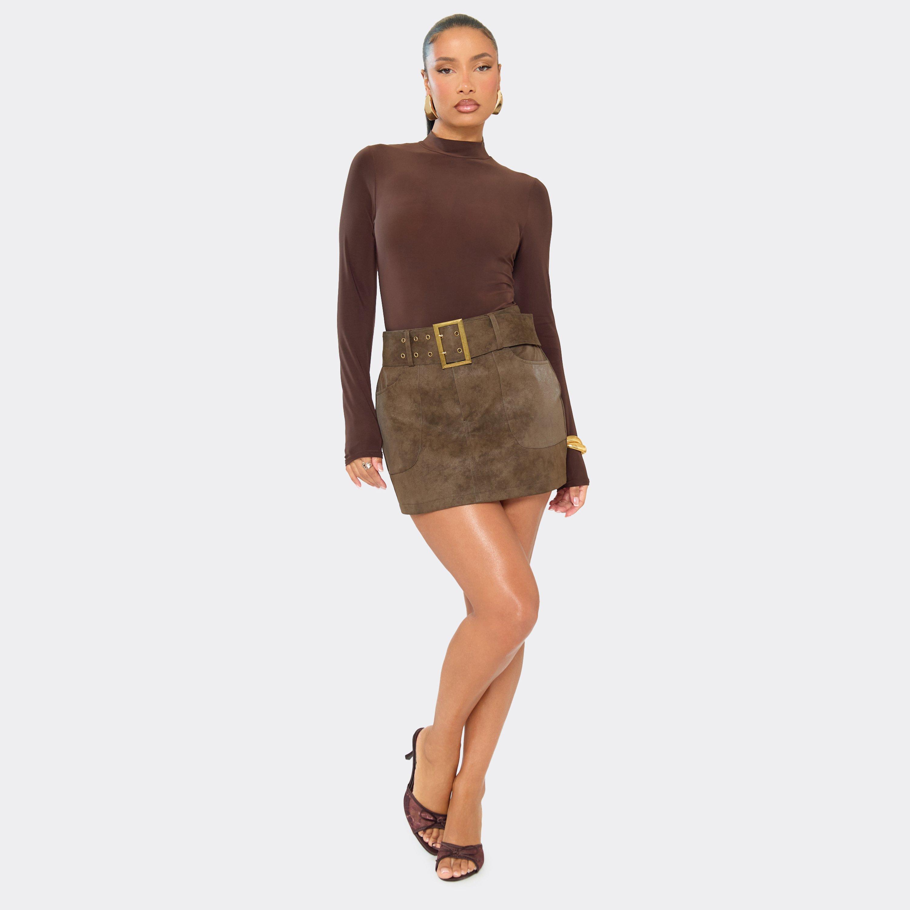 High Waist Belted Detail Mini Skirt In Brown Leather, Women's Size UK 6