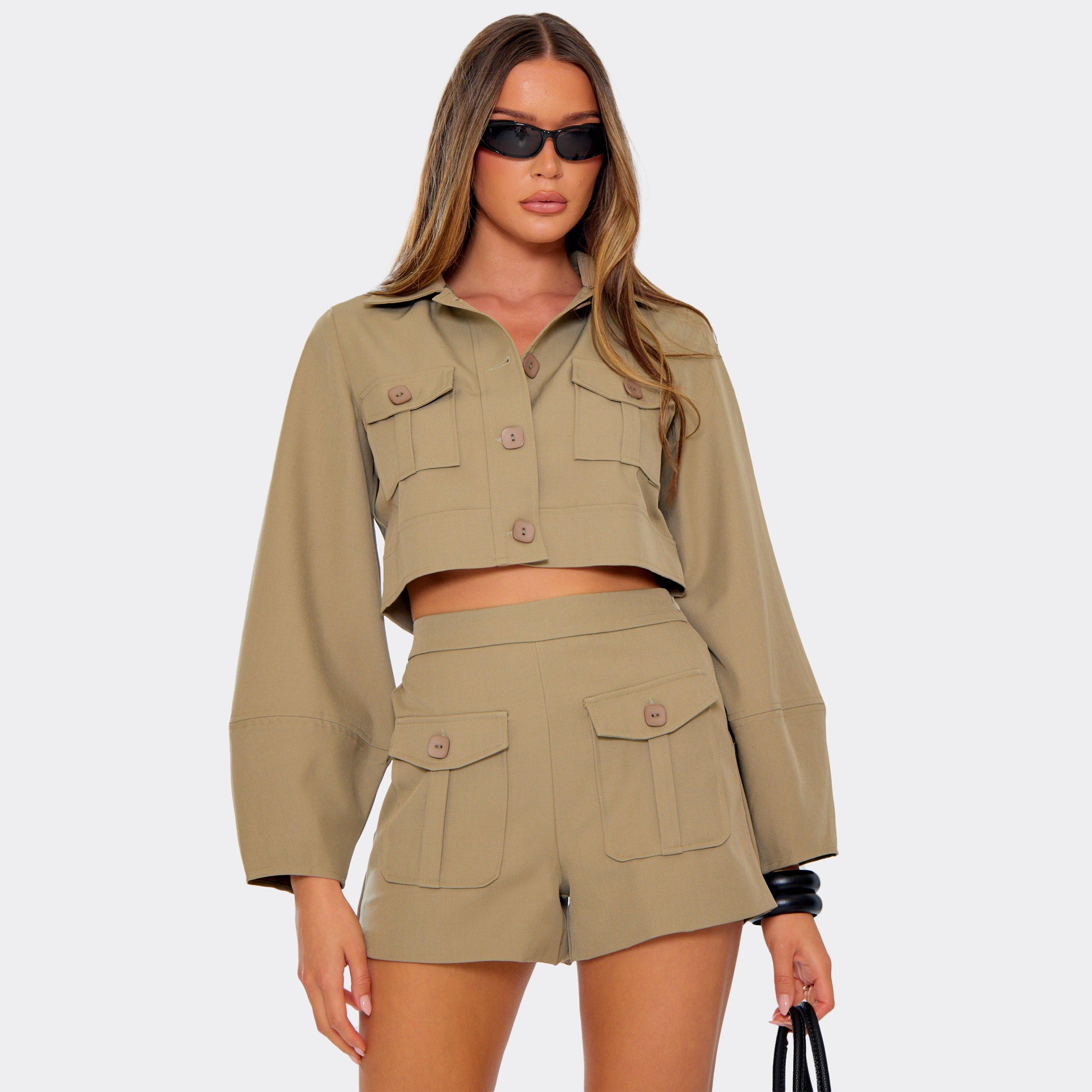 Long Sleeve Cargo Pocket Cropped Jacket In Taupe, Women’s