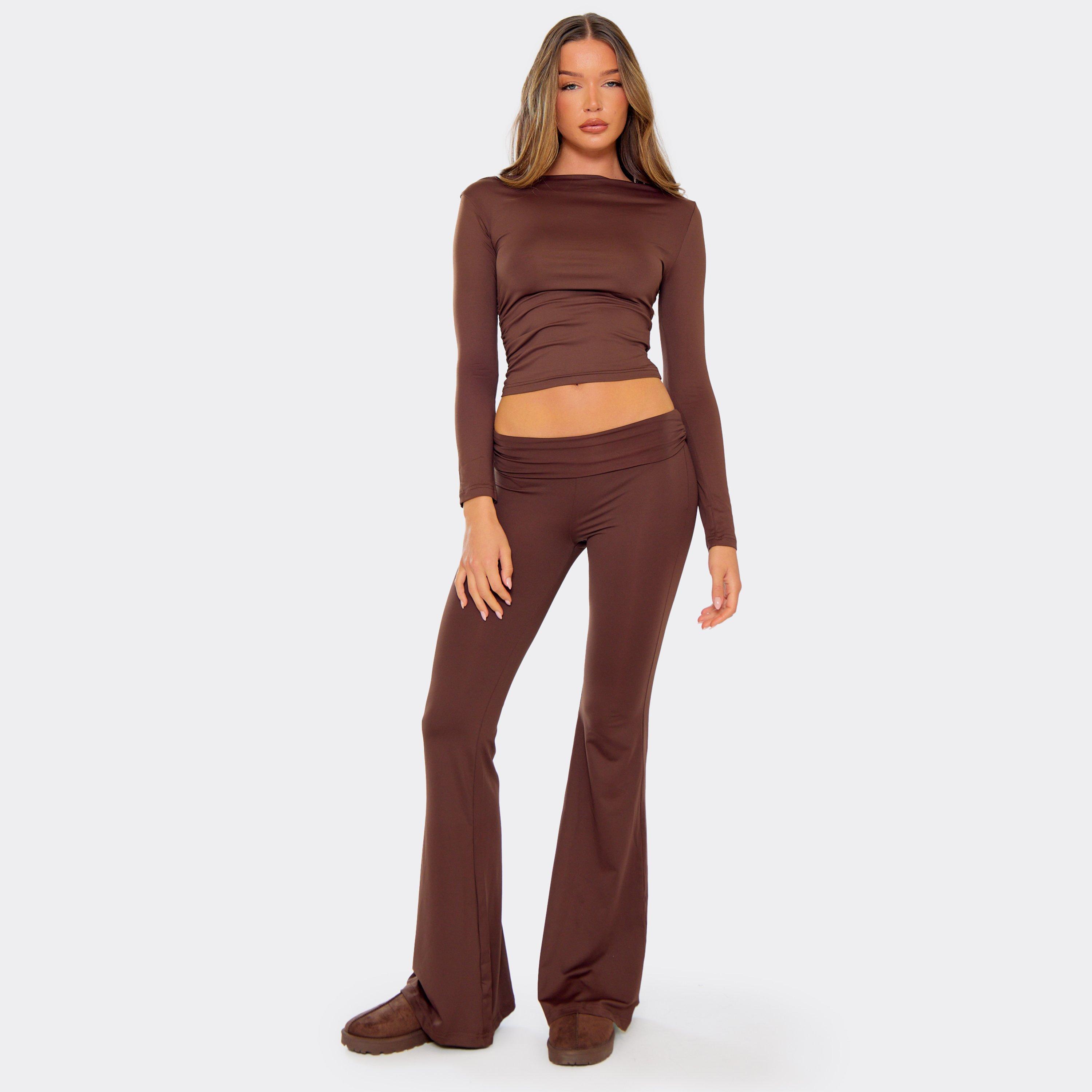 Image of Fold Over Ruched Detail Flared Leg Trousers In Chocolate Brown, Women's Size UK L