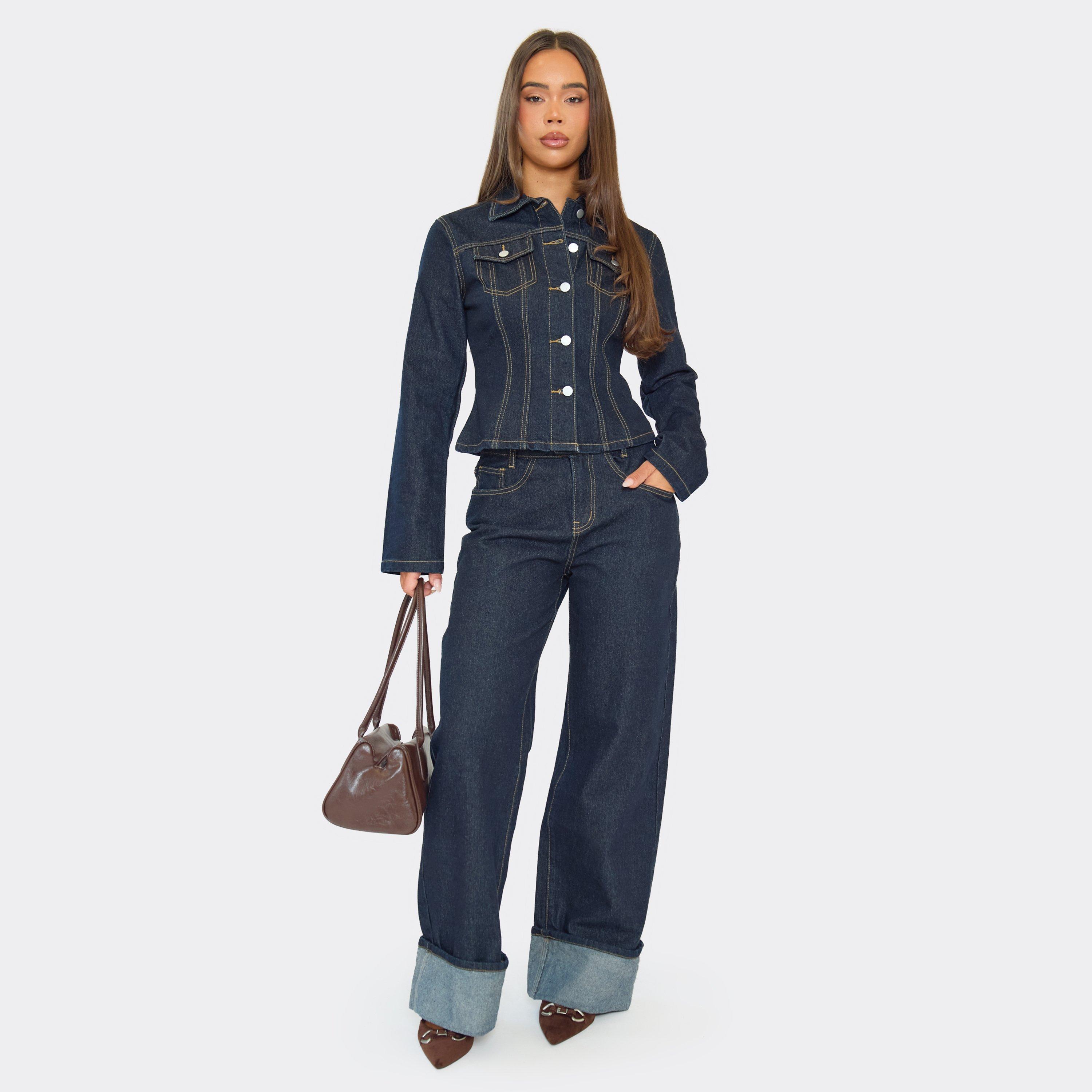 Image of Mid Rise Turn Up Hem Wide Leg Jeans In Indigo Denim, Women's