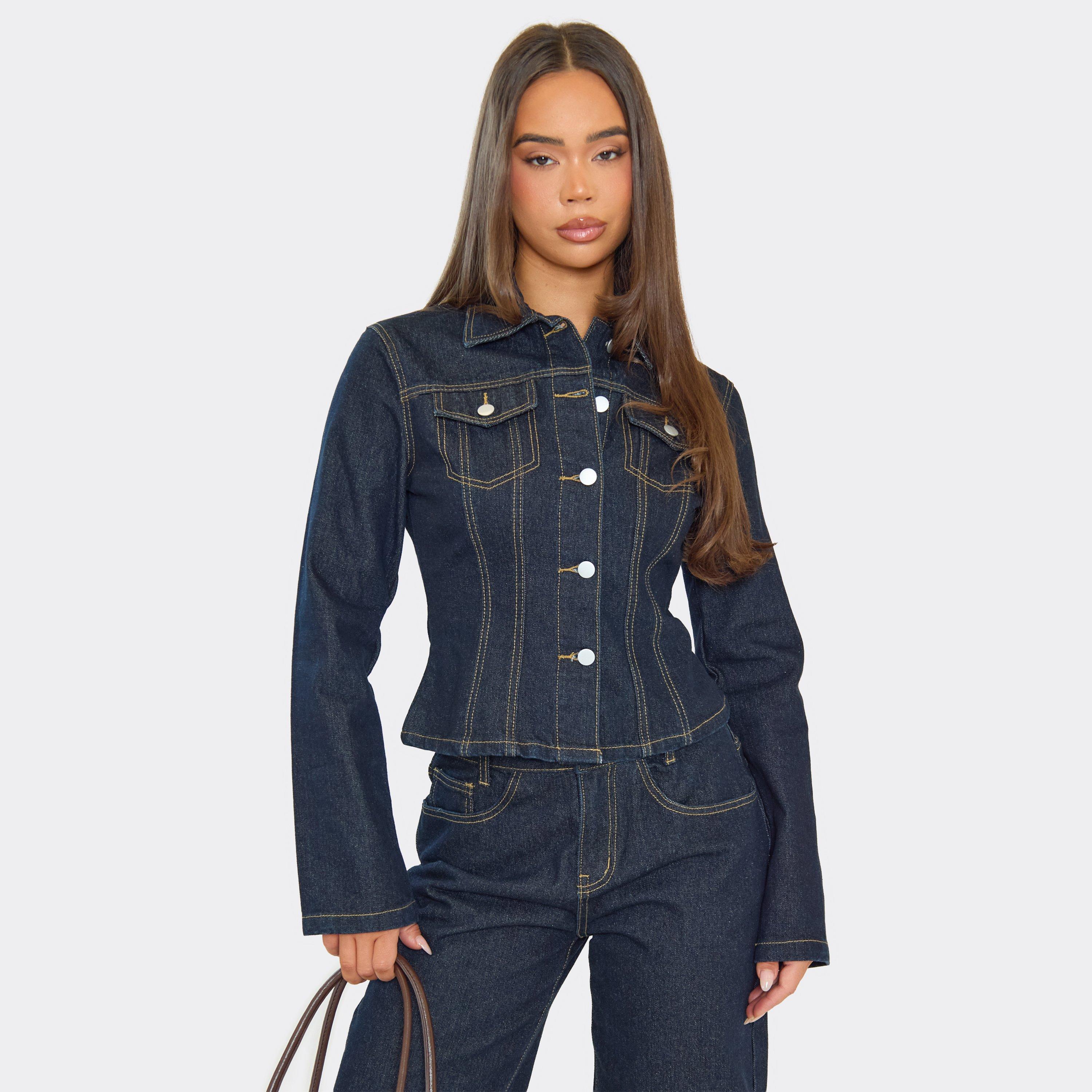 Cinched Waist Seam Detail Button Down Jacket In Indigo Denim, Women's Size UK 12