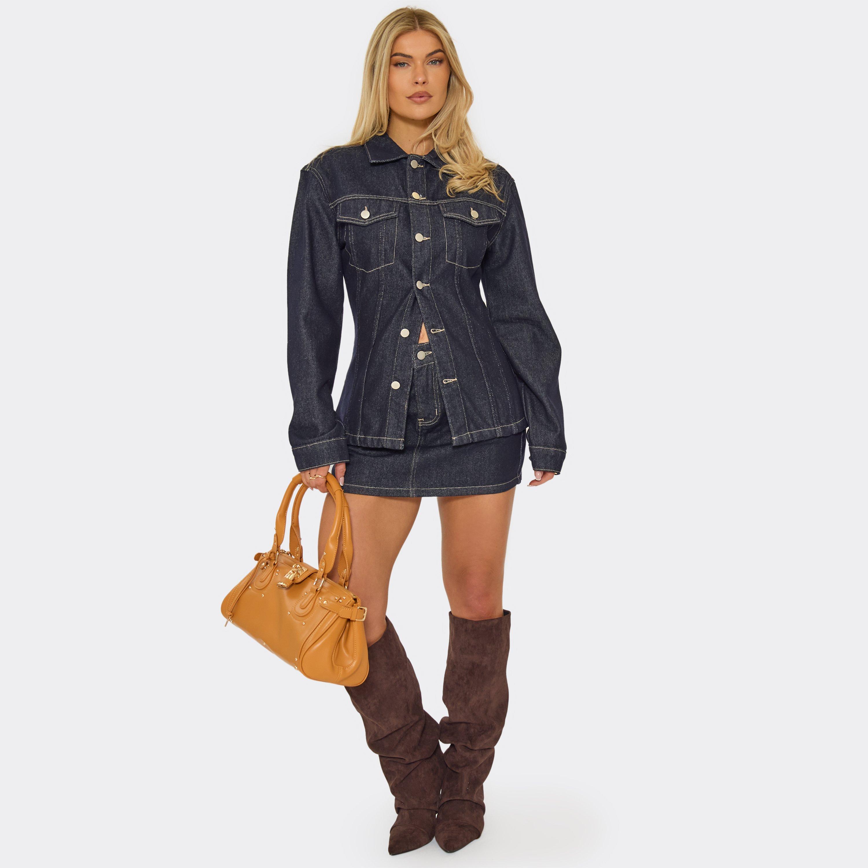 Button Front Mini Skirt In Dark Indigo Denim, Women’s