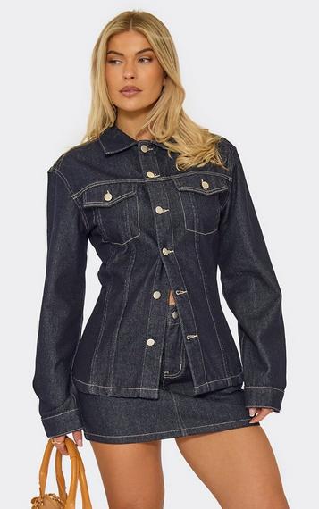 cropped jacket over fitted indigo knee length dress Everlane Cropped Denim Jacket In Garment-Dyed Indigo, Size Medium As with all indigo ONLY fitted denim jacket in