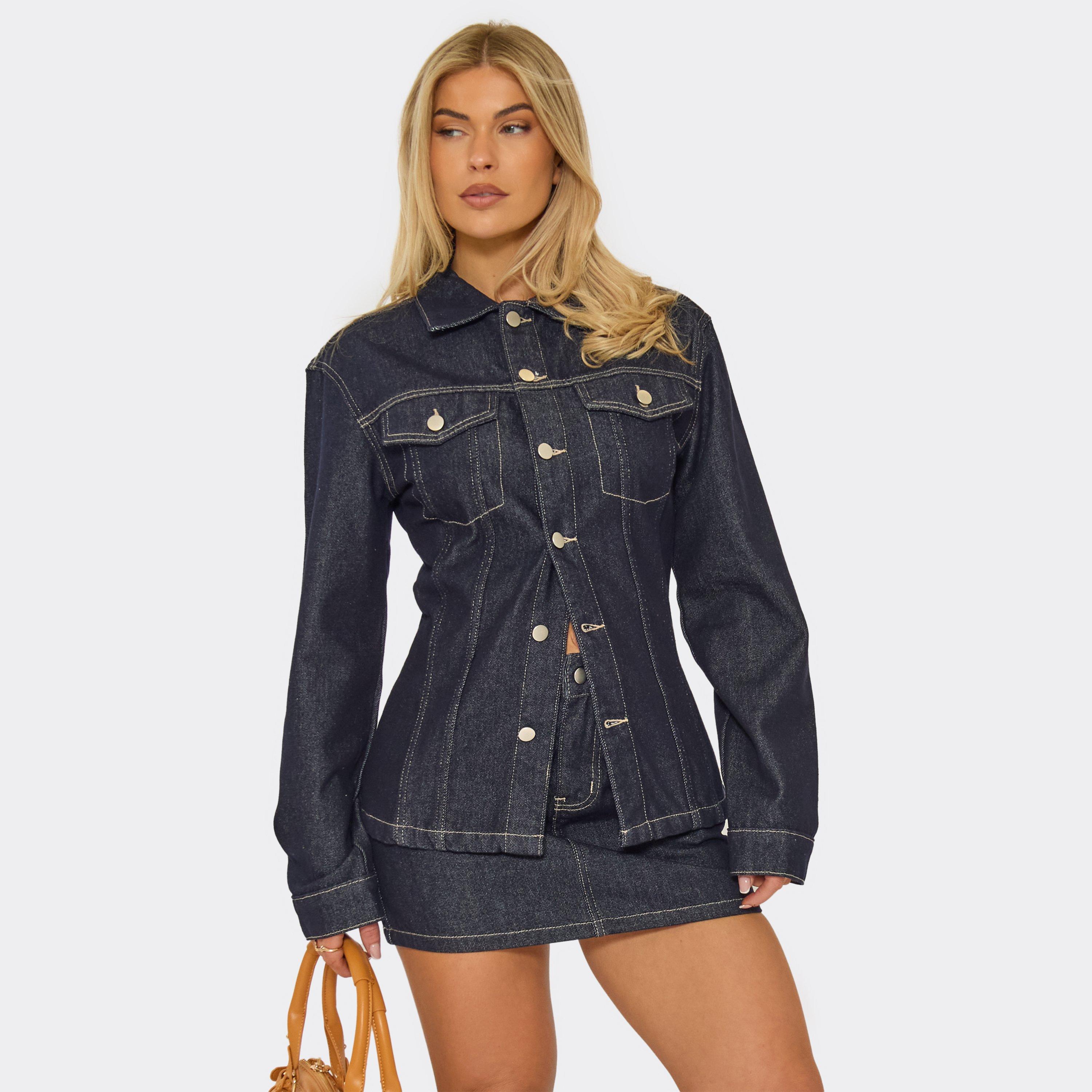 Cinched Waist Button Down Split Hem Jacket In Dark Indigo Denim, Women’s