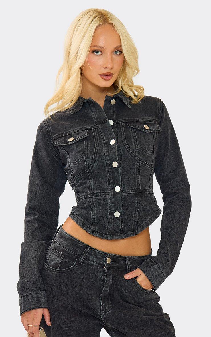 Cinched Waist Curved Hem Button Down Jacket In Black Denim | EGO UK | EGO, image size:740x1180