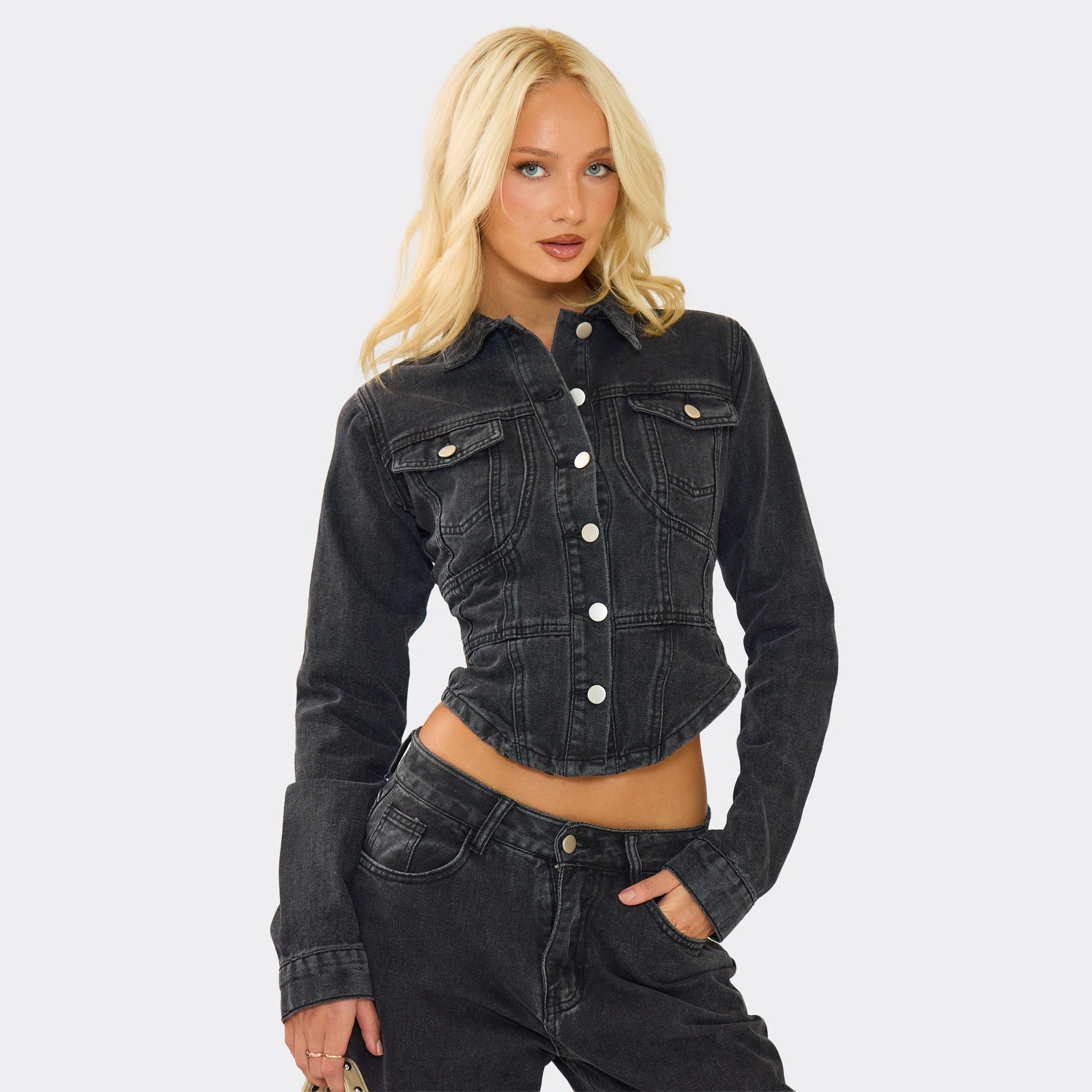 Cinched Waist Curved Hem Button Down Jacket In Black Denim, Women’s