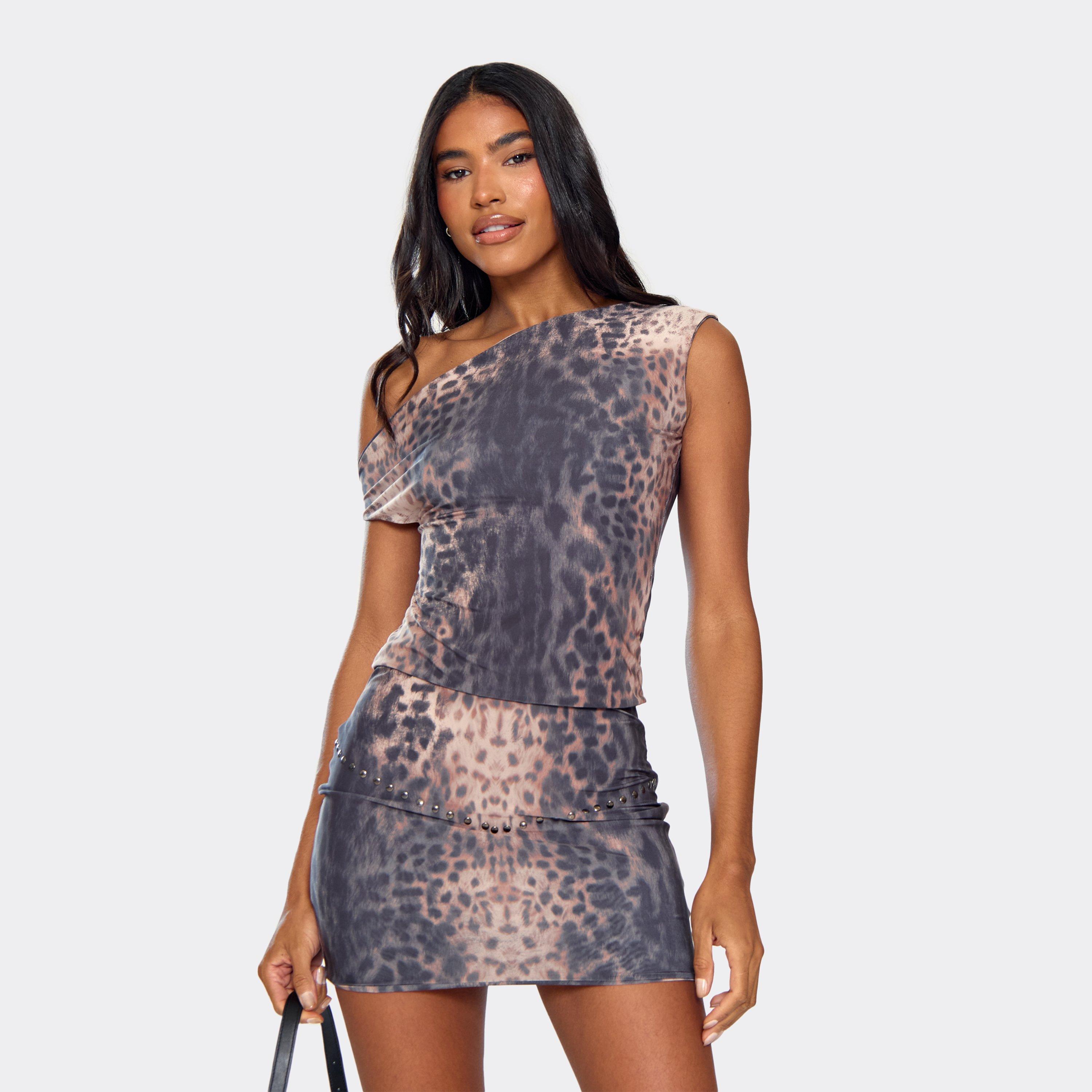 Asymmetric Double Layered Fitted Top In Brown Animal Print, Women's Size UK 6