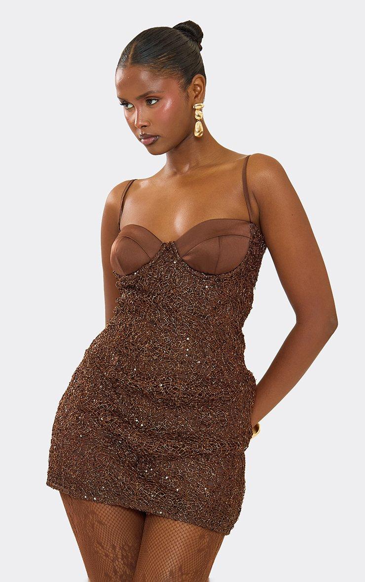 Contrast Cup Detail Strappy Mini Dress In Brown Metallic Texture