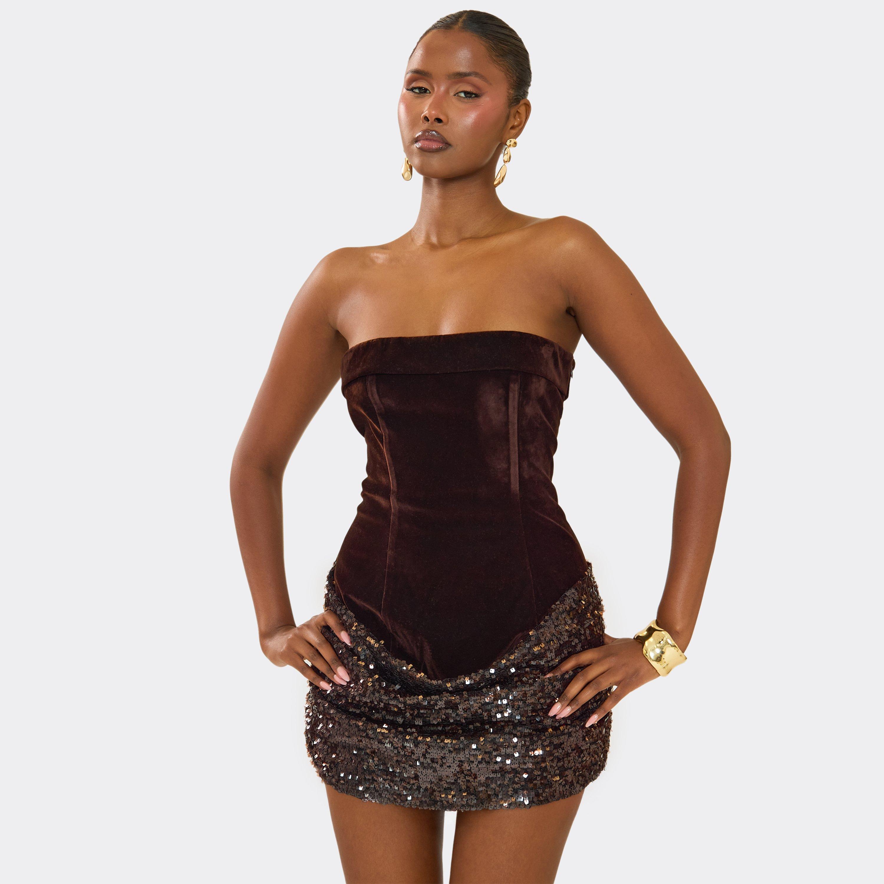 Bandeau Sequin Contrast Detail Mini Dress In Brown Velvet, Women's Size UK 8