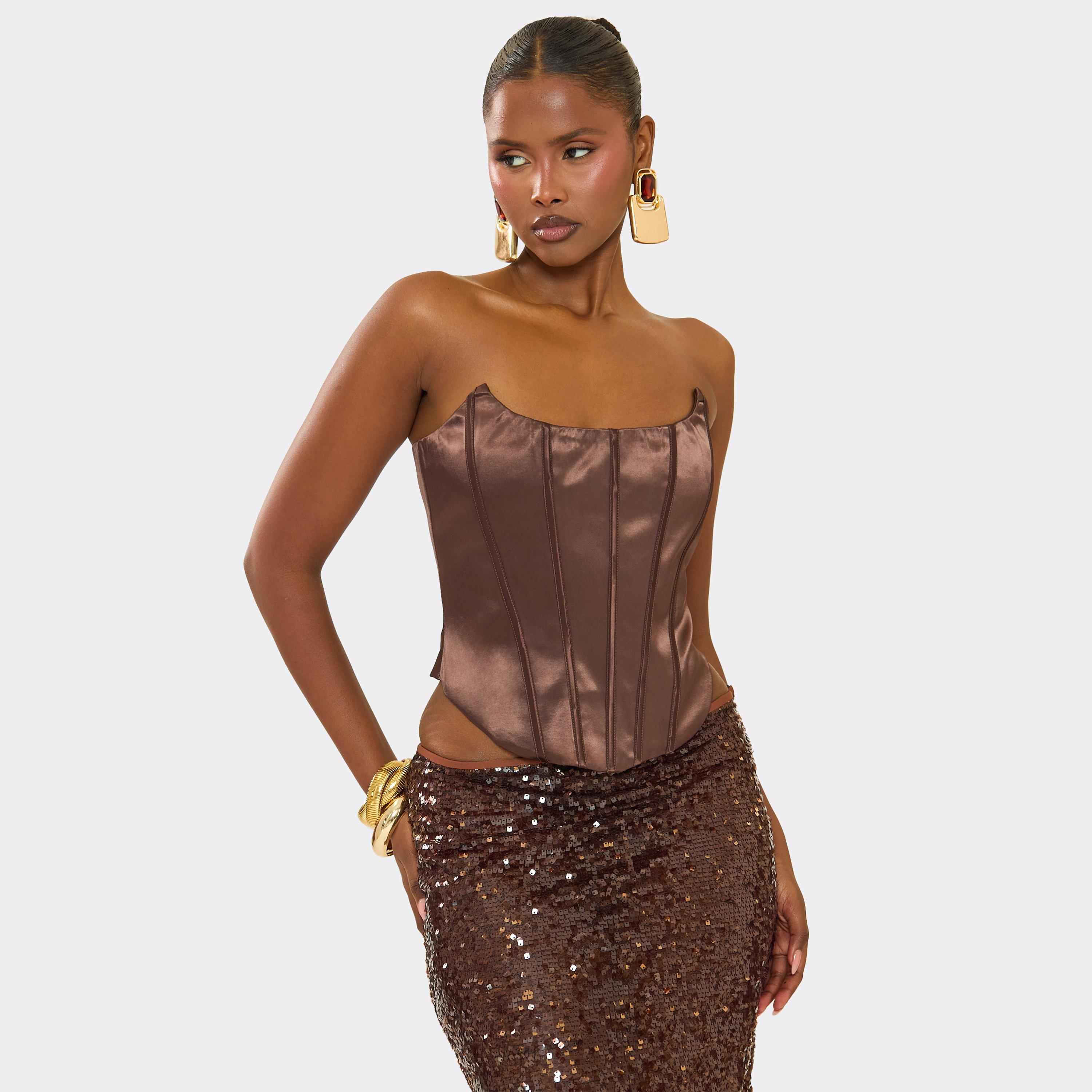Scoop Neck Structured Corset Top In Brown Satin, Women's Size UK 6