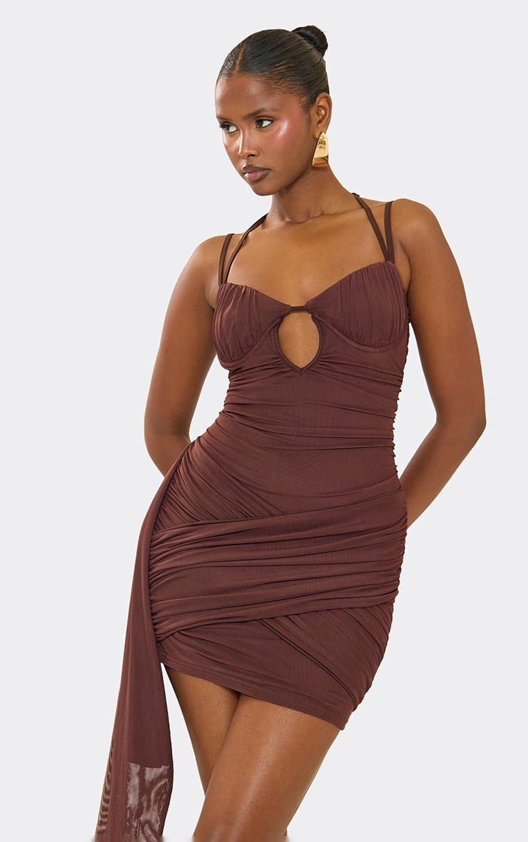 Cut Out Strappy Underwired Detail Drape Front Mini Dress In Brown
