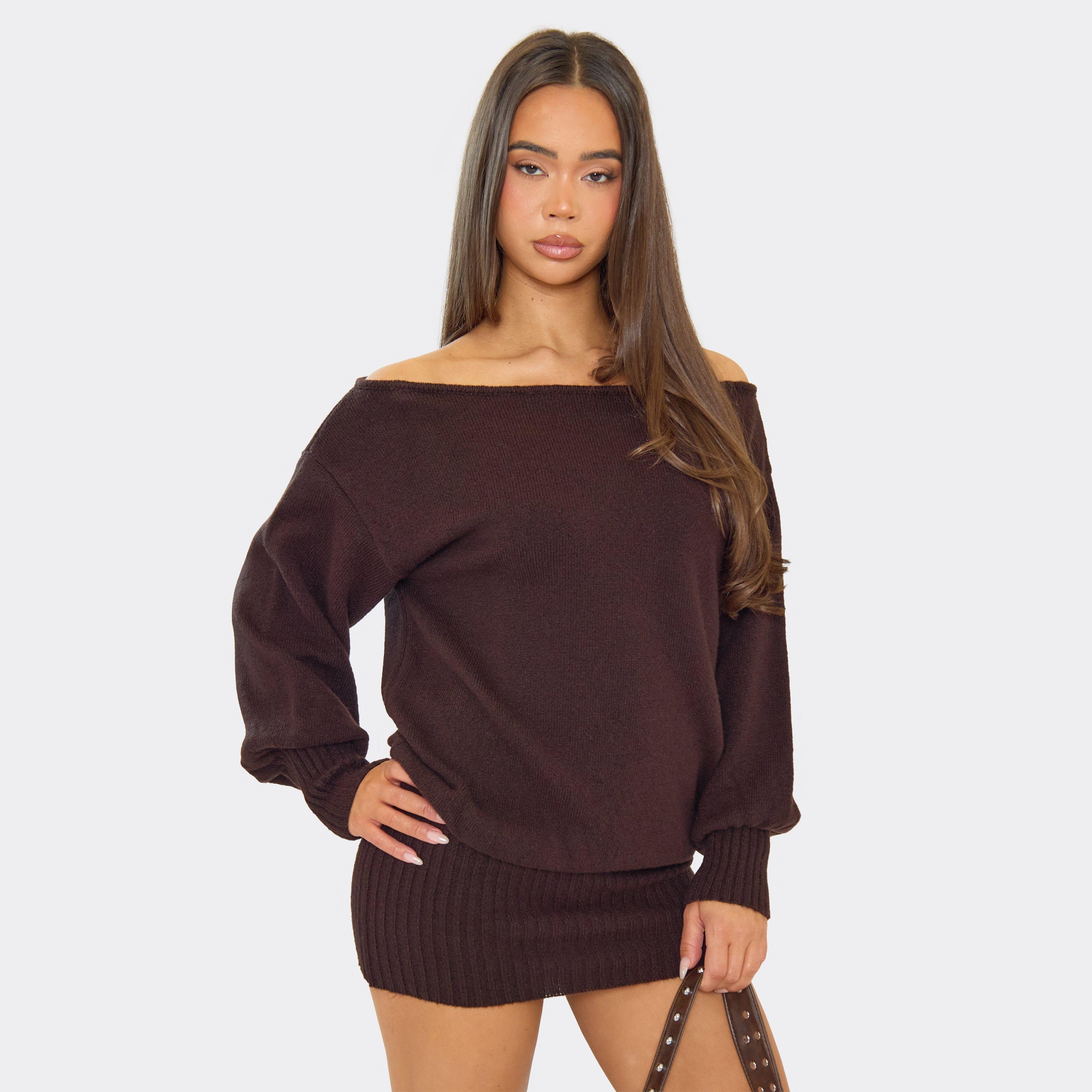 Long Sleeve Off The Shoulder Mini Dress In Chocolate Brown, Women’s
