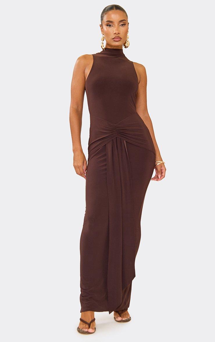 elegant draped neck brown evening maxi dress Sienna Draped Cutout Maxi Dress Brown / S