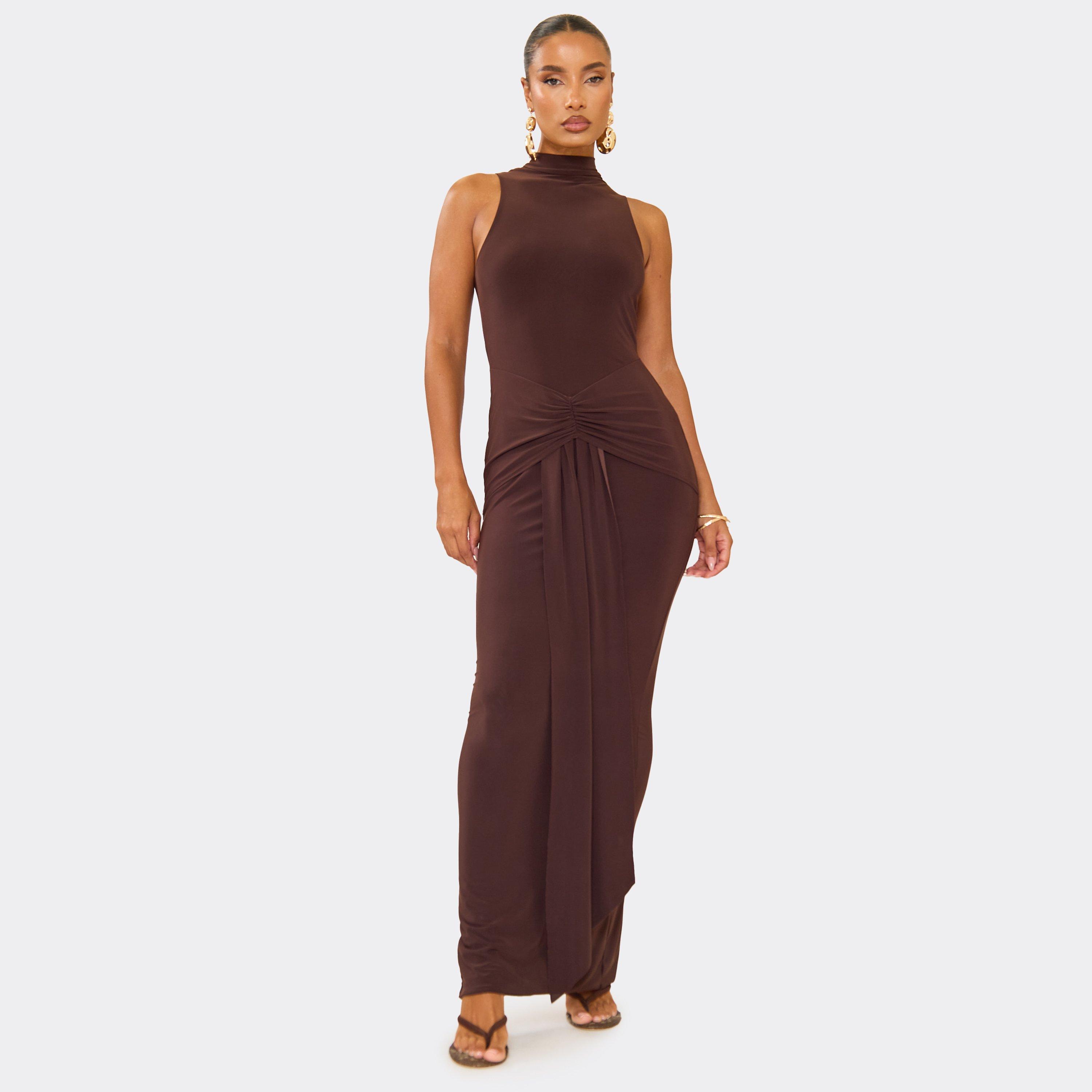 High Neck Sleeveless Drape Detail Maxi Dress In Chocolate Brown, Women's Size UK 6