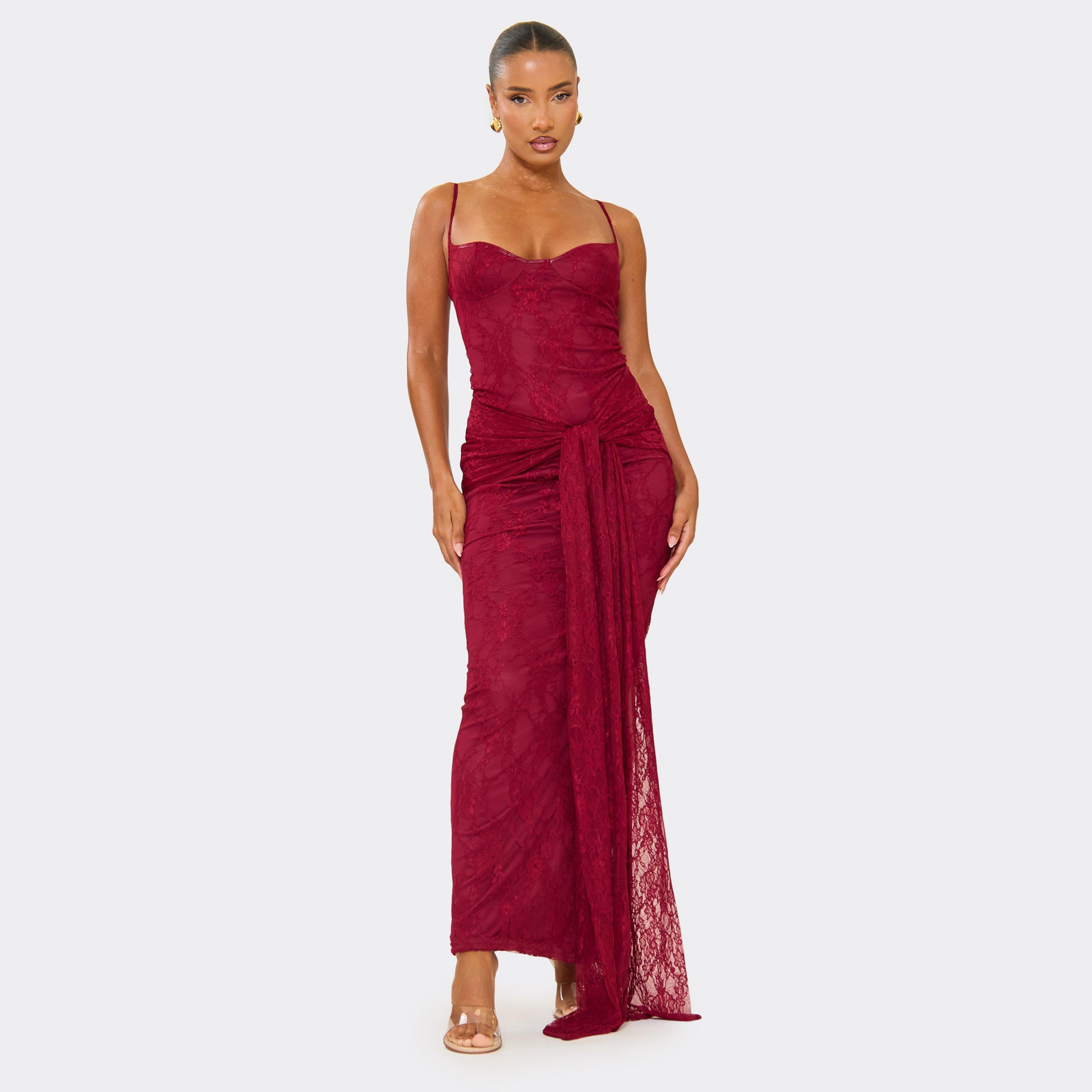 Strappy Tie Drape Detail Maxi Dress In Burgundy Lace, Women's Size UK 14