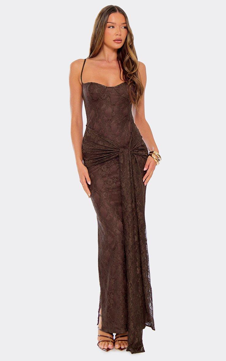 lace brown dress Strappy Cupped Detail Maxi In | EGO US which boasts chic long sleeves and a bow Long Sleeve Lace Maxi Dress