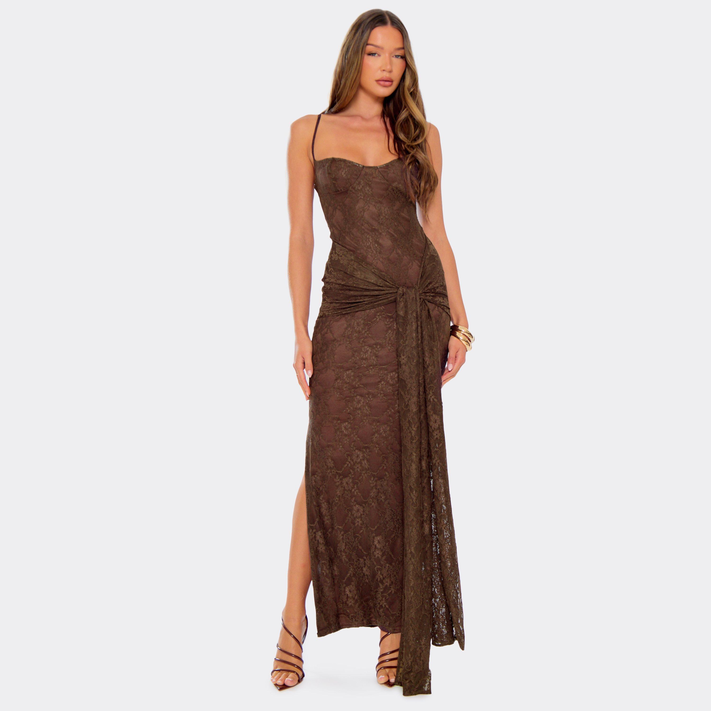 Strappy Tie Drape Detail Maxi Dress In Chocolate Brown Lace, Women’s