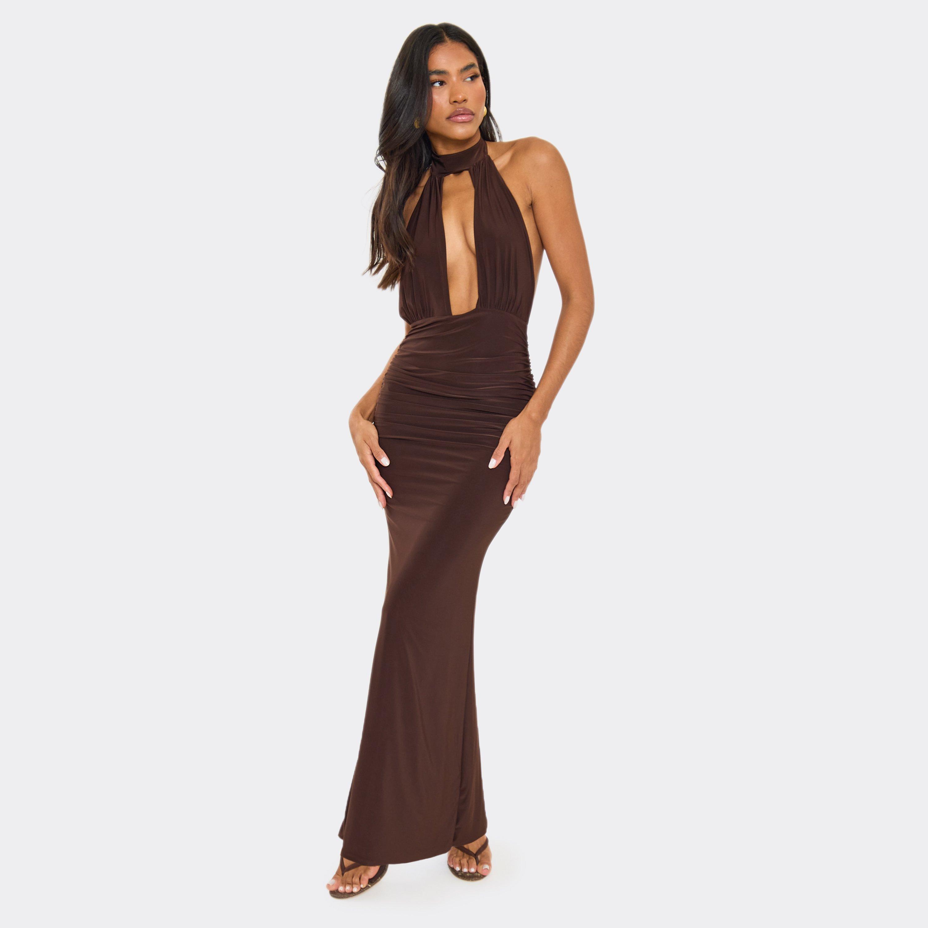High Neck Plunge Cut Out Front Detail Ruched Maxi Dress In Brown, Women's Size UK 12