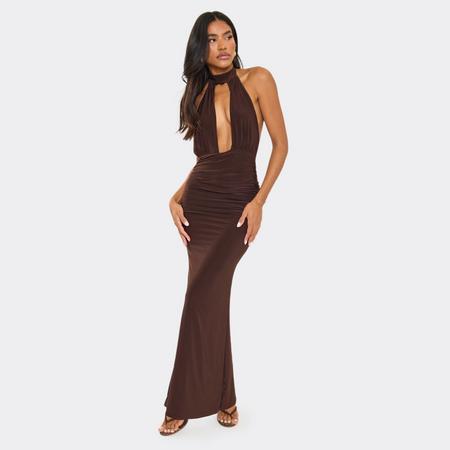 High Neck Plunge Cut Out Front Detail Ruched Maxi Dress In Brown, Women's Size US