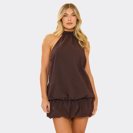 High Neck Sleeveless Puffball Mini Dress In Chocolate Brown, Women's Size US