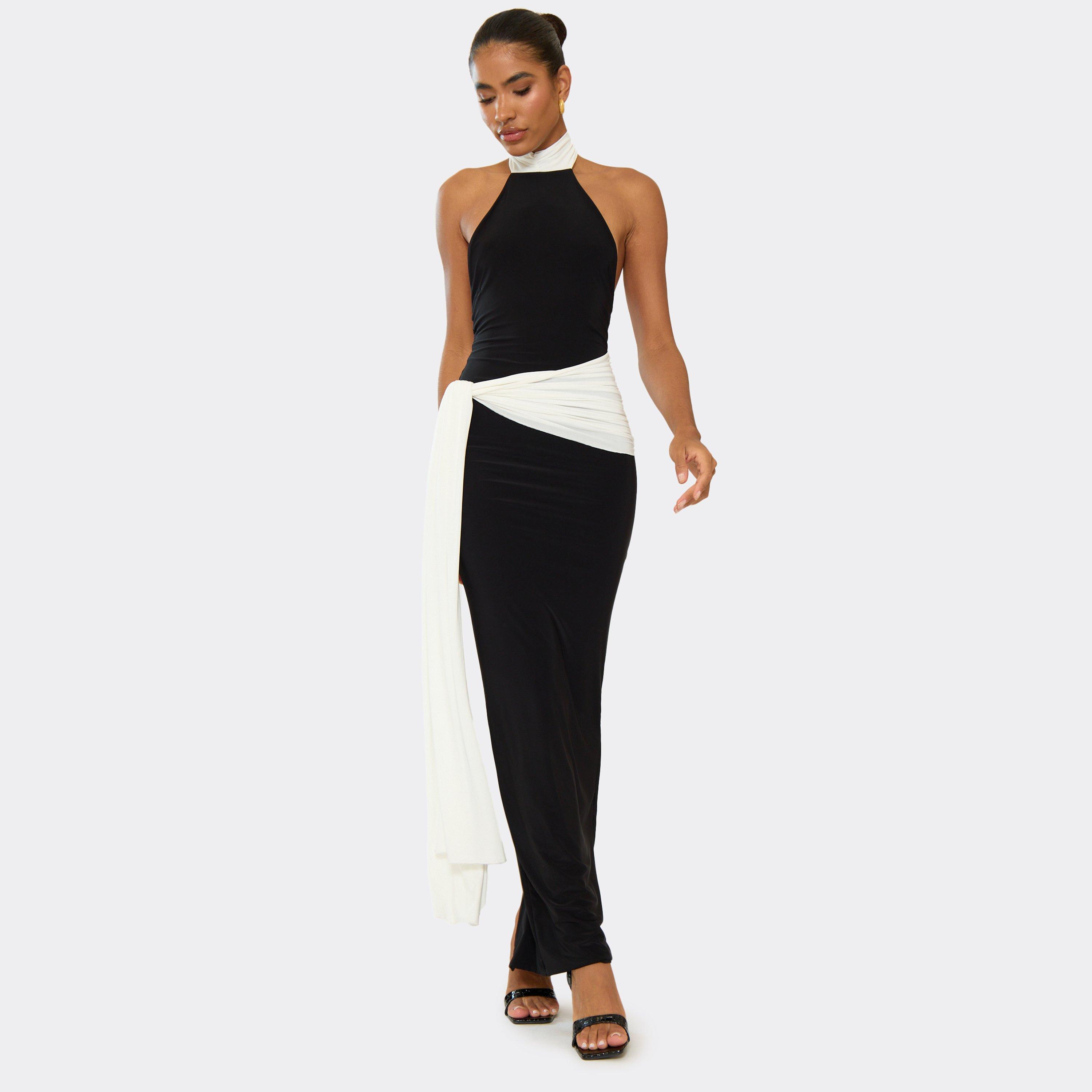 High Neck Contrast Drape Detail Maxi Dress In Black, Women’s