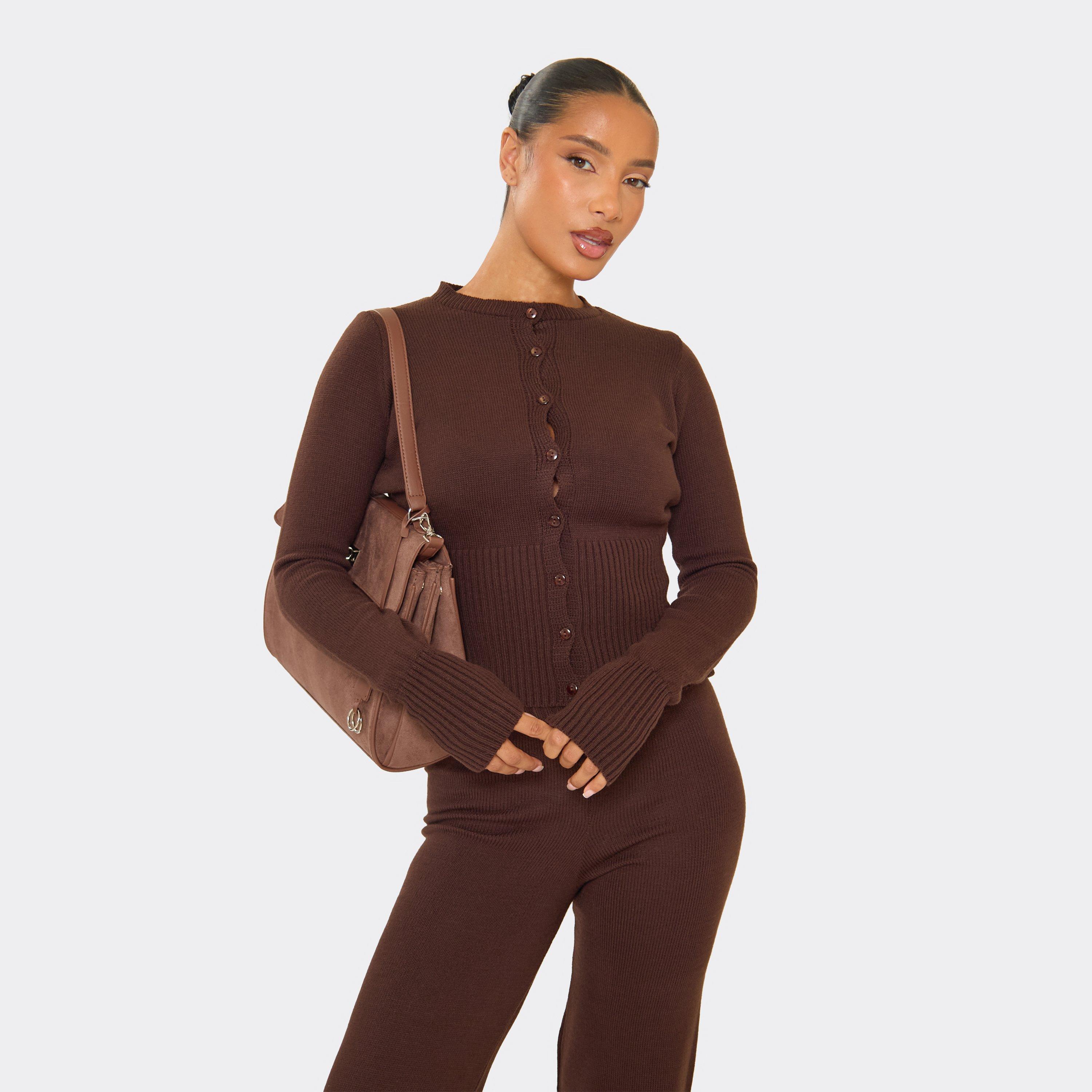 Cinched Button Down Cardigan In Chocolate Brown Knit, Women's Size UK S