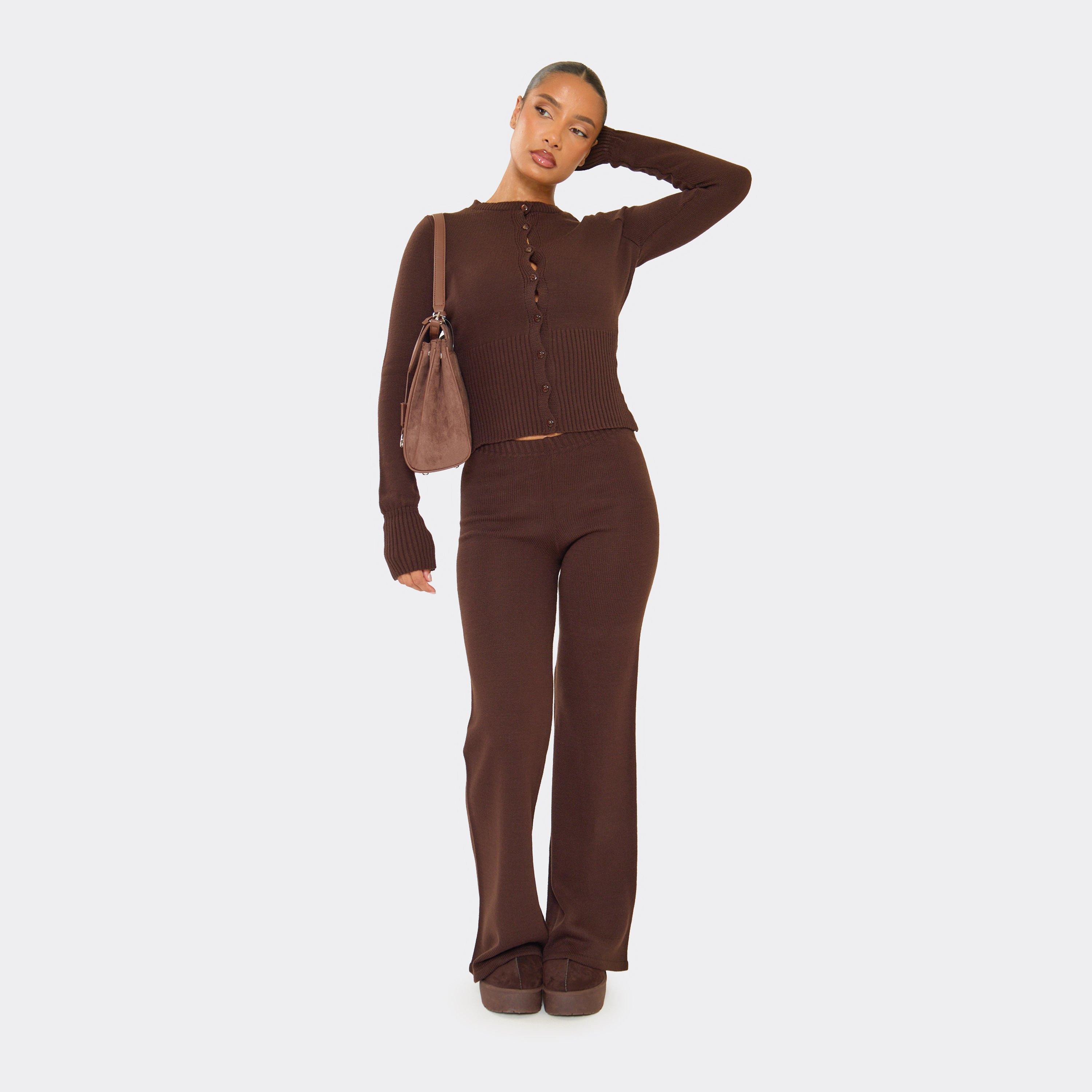 Mid Rise Straight Leg Trousers In Chocolate Brown Knit, Women's Size UK S